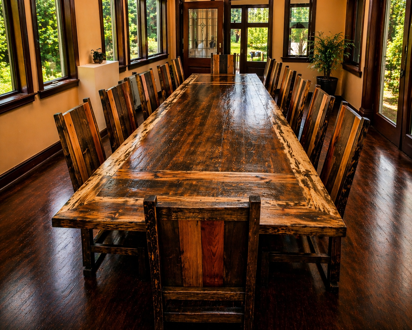 A large wooden dining table with a polished surface, surrounded by matching chairs, in a bright room with multiple windows and greenery outside.