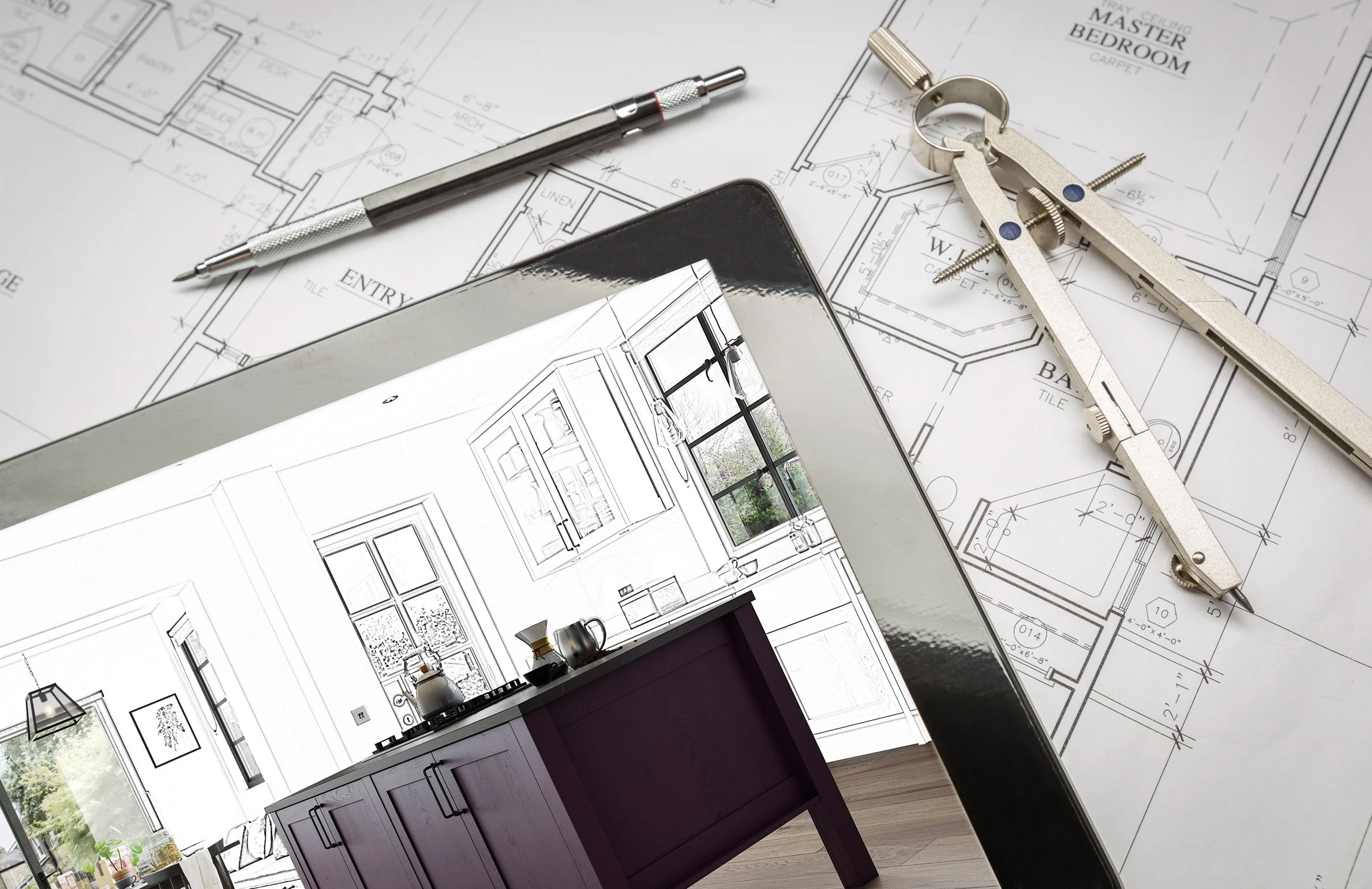 Architectural blueprints and design tools on a table, including a scale ruler, mechanical pencil, and a smartphone showing interior room designs, with a wooden cabinet in the background.