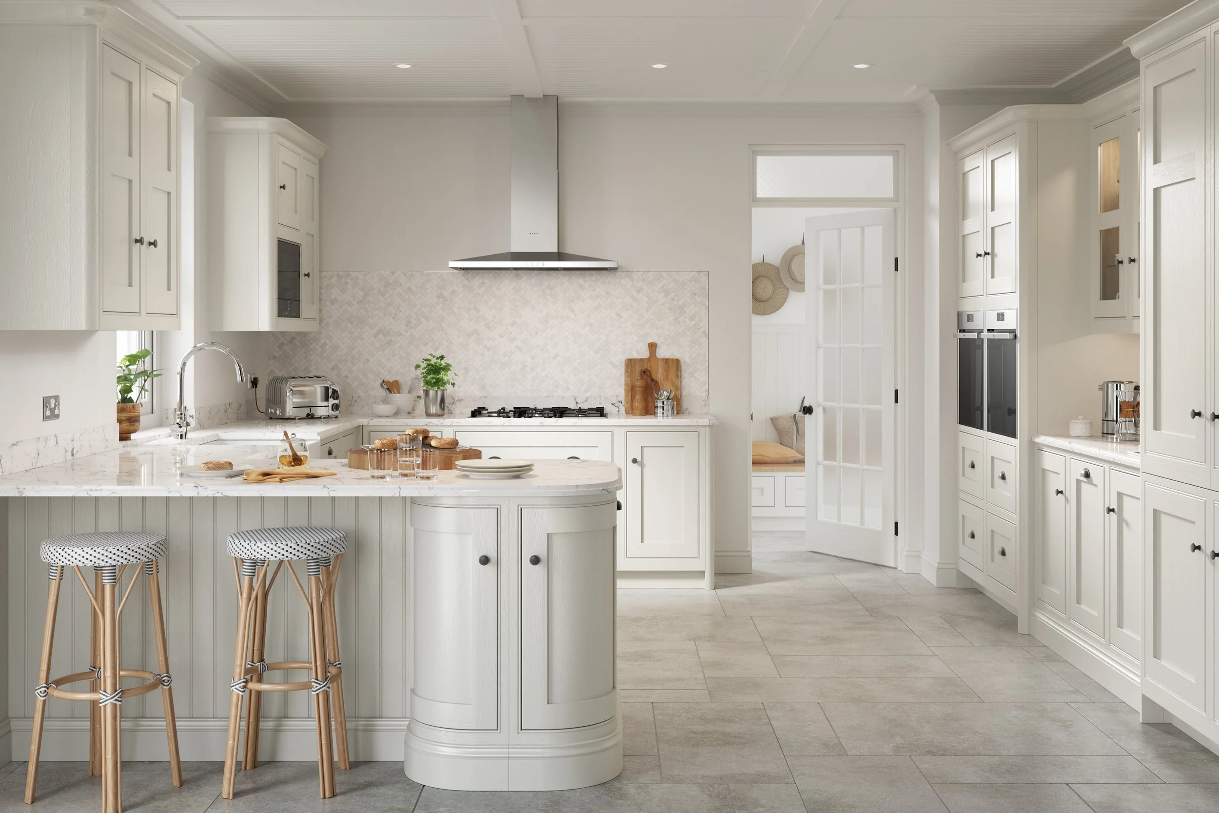 Close-up of a Hillington kitchen door, featuring a distinctive woodgrain texture and intricate Ovolo beading. Available in a refined palette of painted finishes, this range combines timeless elegance with period-inspired detailing for a sophisticated