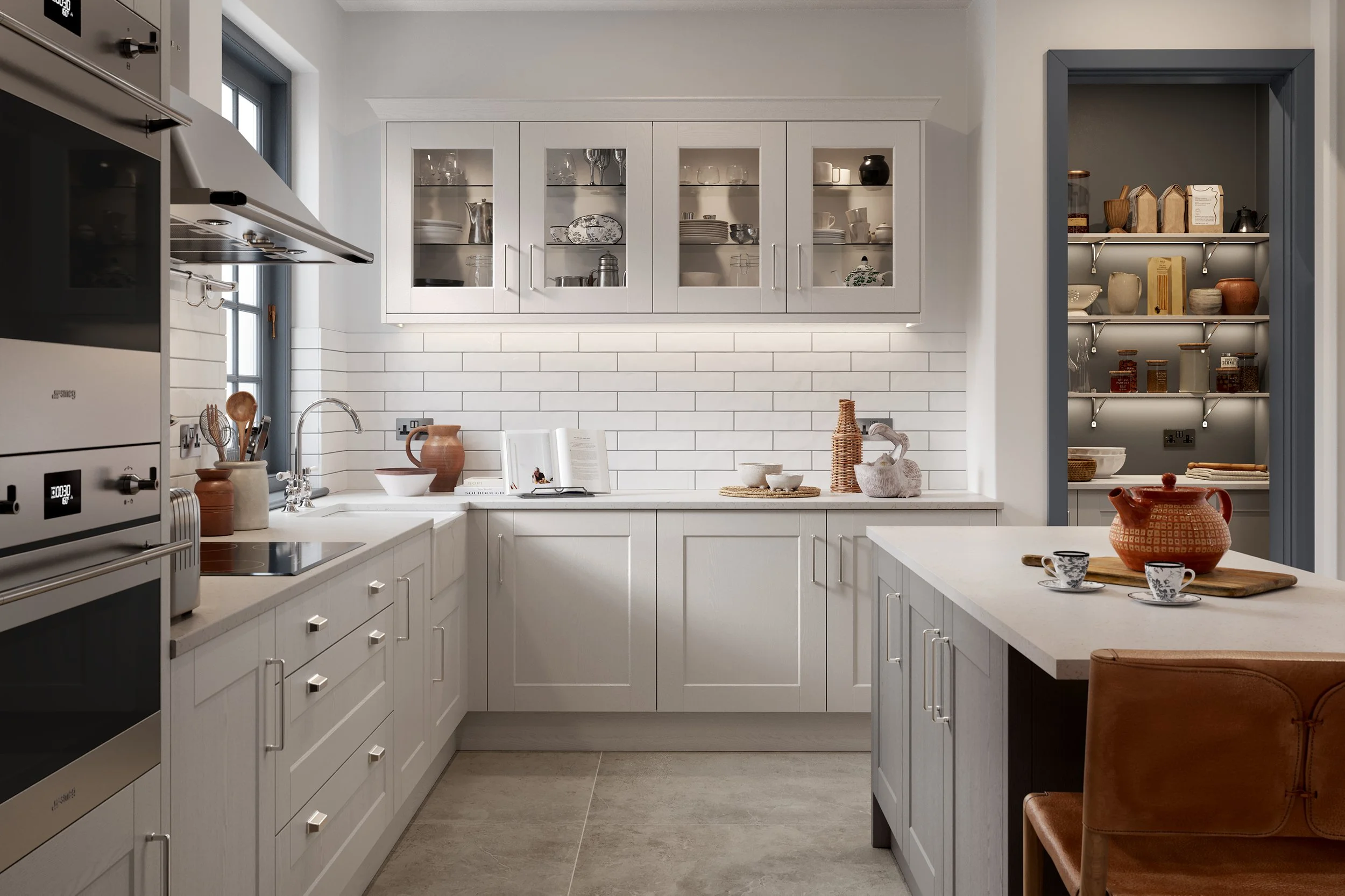 Close-up of a Cambridge Shaker kitchen door, showcasing a classic v-groove shaker design with a smooth, matte finish and a rich woodgrain texture, highlighting its timeless and elegant appeal.