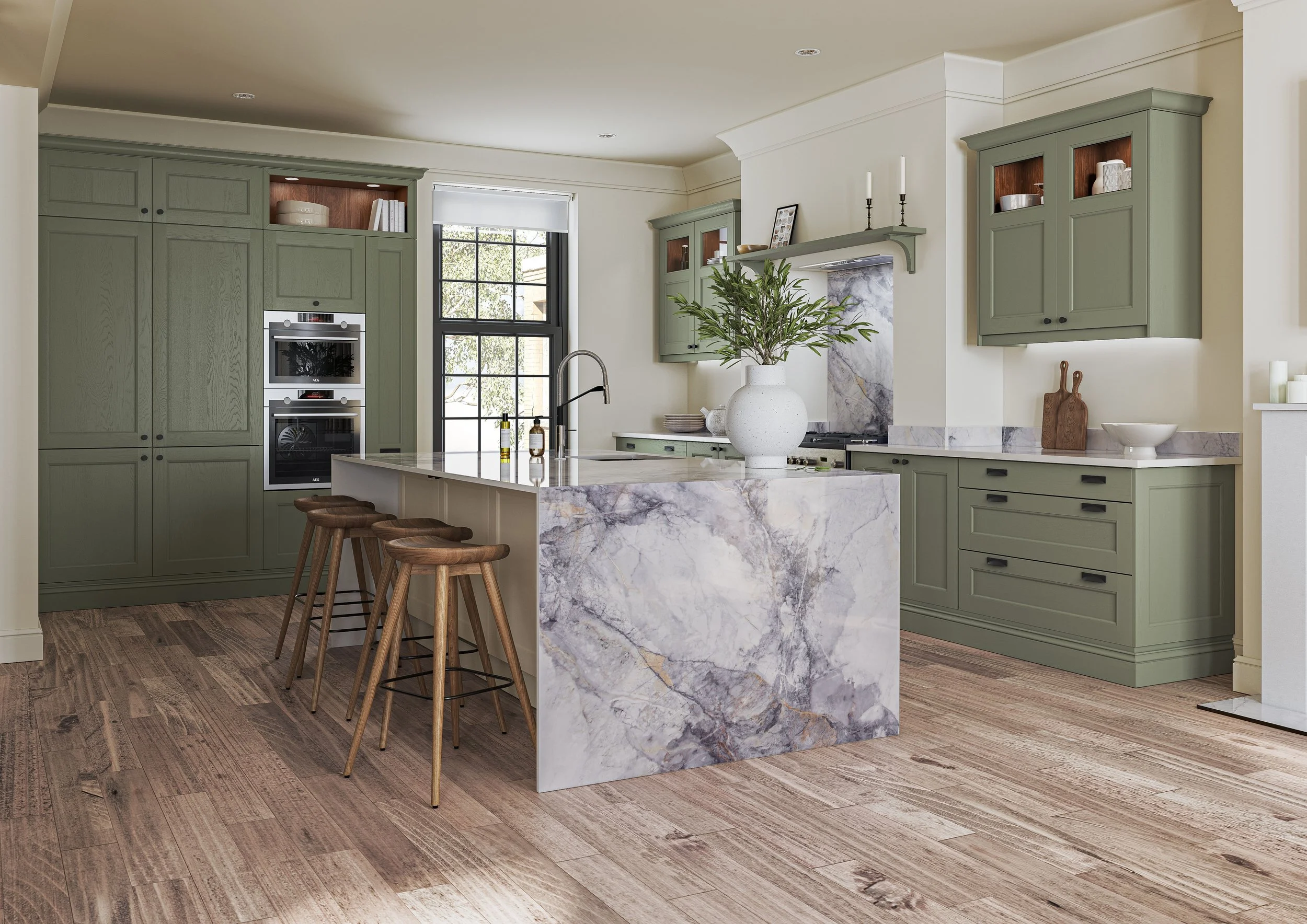 Close-up of a Sheringham Beaded shaker door, showcasing elegant beading detail and a calming, natural colour palette. The timeless design with its soft, matte finish creates a sophisticated and serene look, perfect for a classic yet contemporary kitc