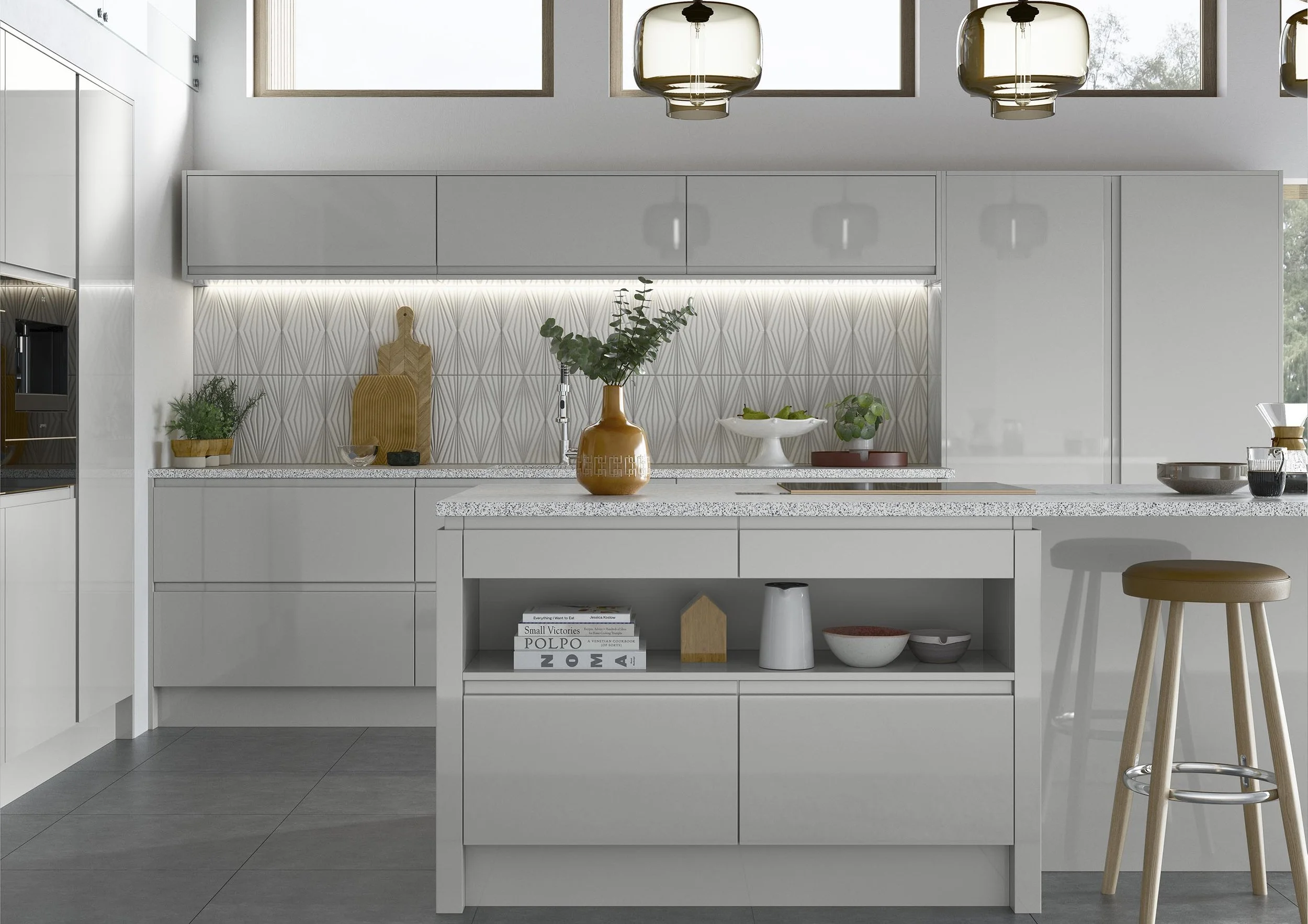 Close-up of a Fakenham kitchen door, featuring a sleek, handleless design with a flawless, mirror-like finish. Available in both high-gloss and smooth matte finishes, it offers a contemporary, sophisticated aesthetic with a refined, modern appeal.