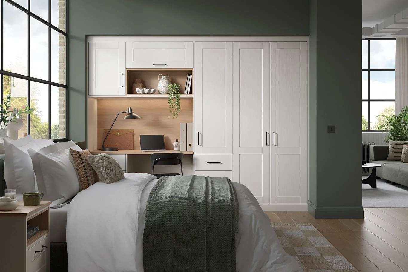 Close up of bespoke bedroom furniture showcasing wardrobes with desk area