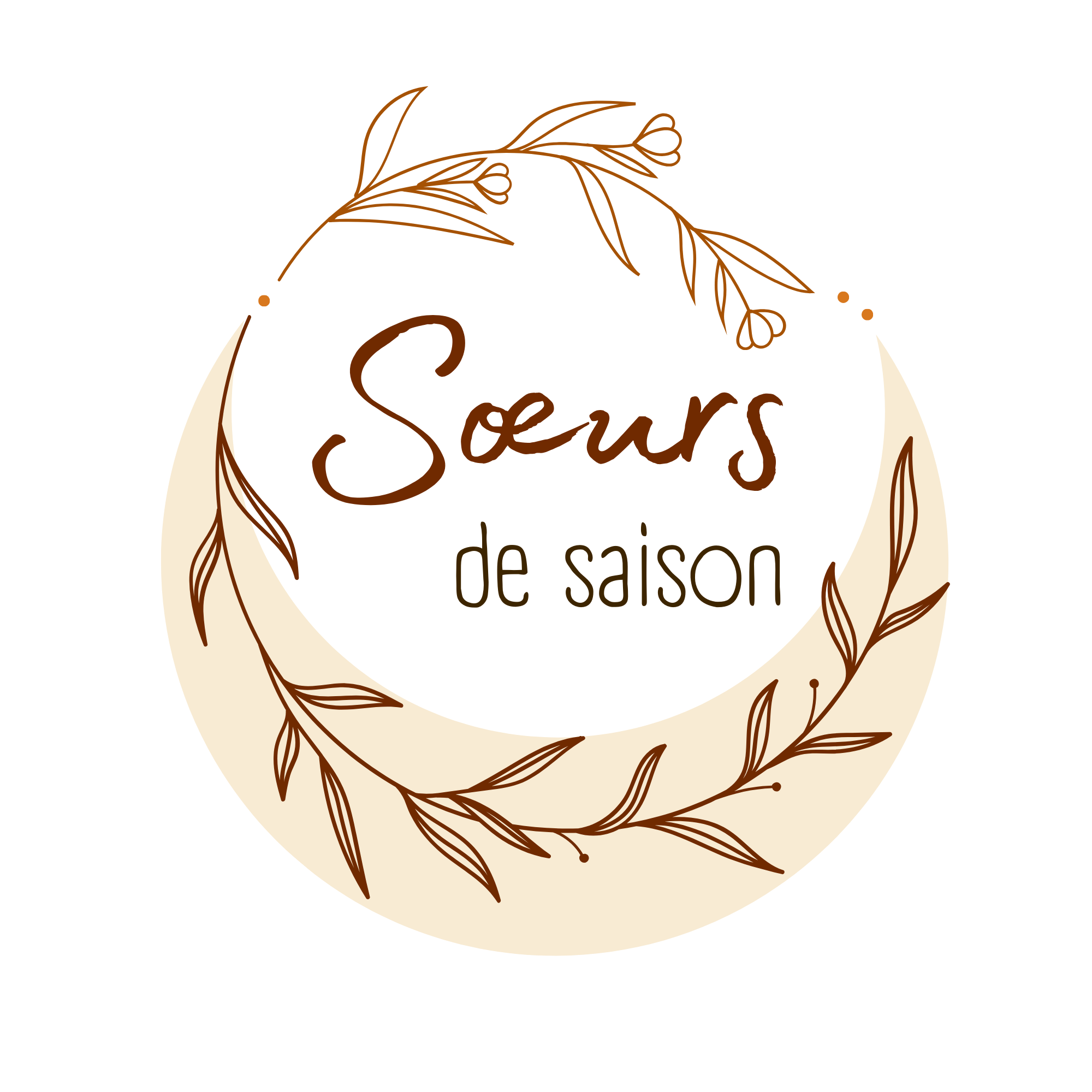 Un logo avec la phrase "Sœurs de saison" entourée de branches et de feuilles, avec un fond noir.