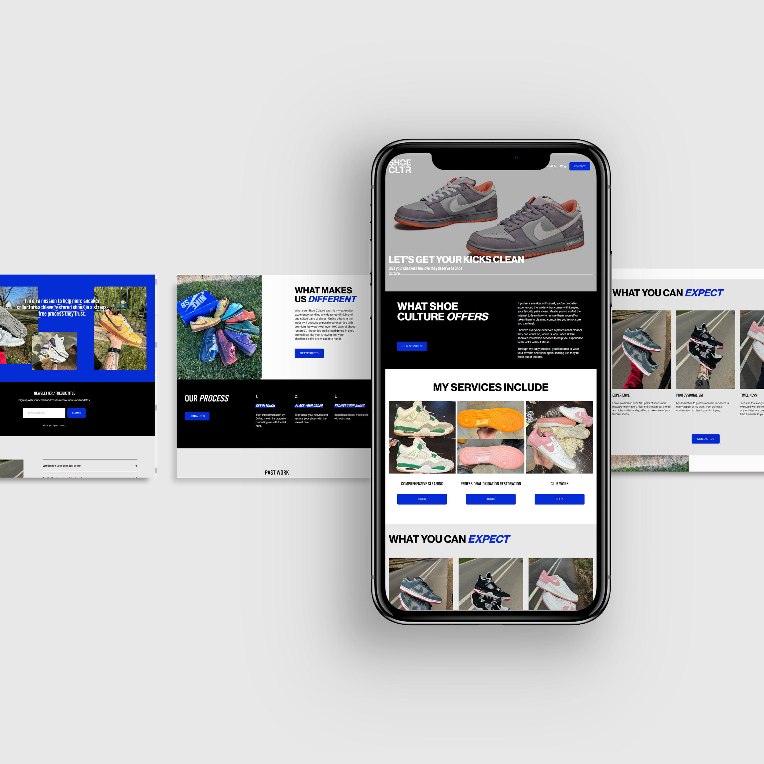 A smartphone displaying a sneaker cleaning business website with images of sneakers and service options. Affordable website design package for small business owner.