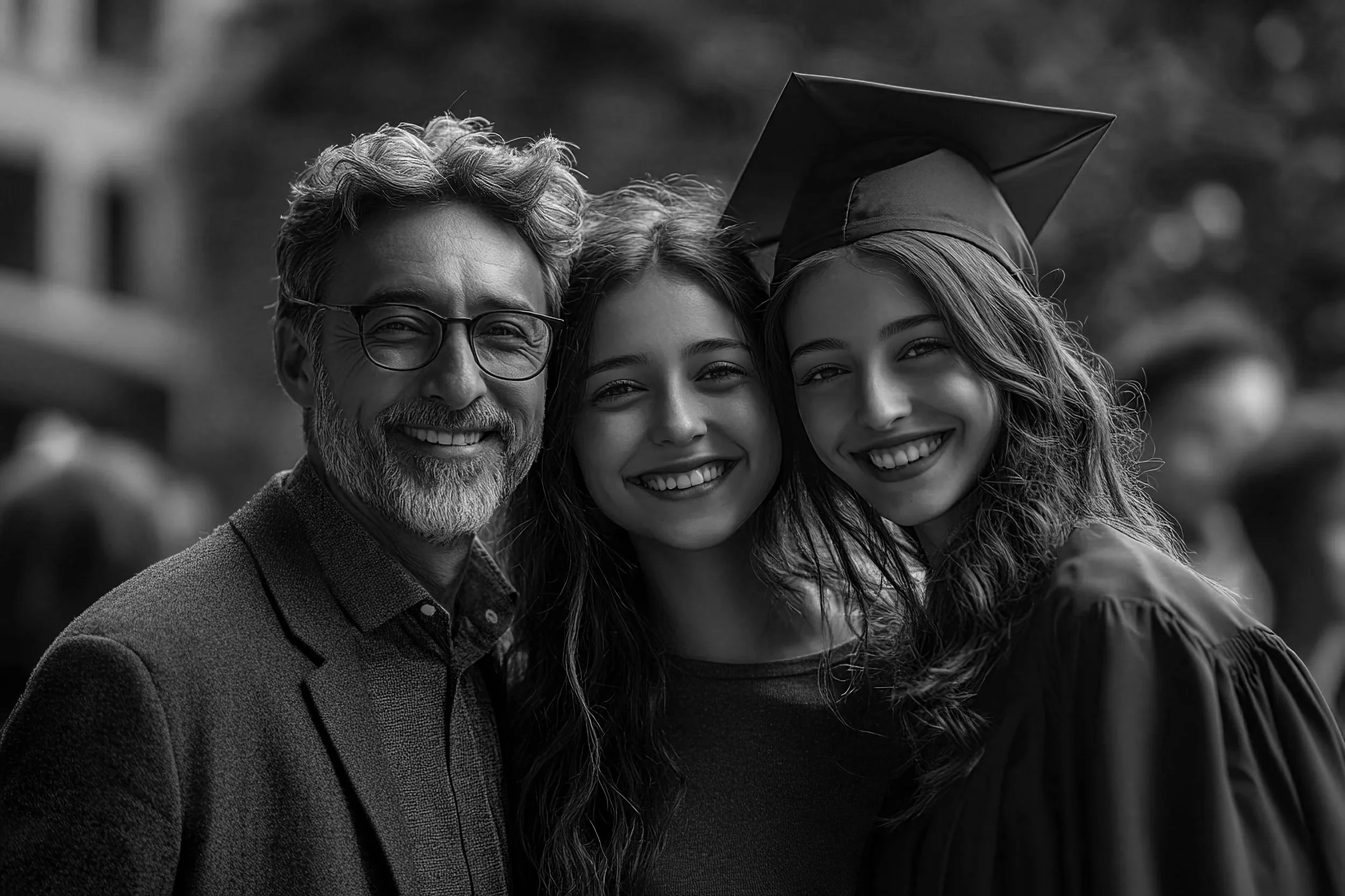 A group of three people smiling outdoors, two women and a man, at a graduation celebration. One woman is wearing a graduation cap.