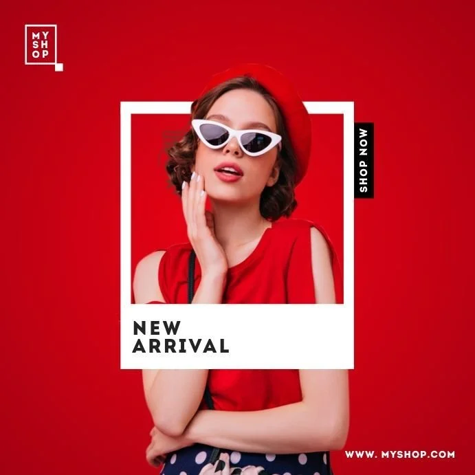 A stylish woman wearing red and white sunglasses and a red hat, posing with her hand on her face against a red background, promoting a new arrivals collection for an online shop.