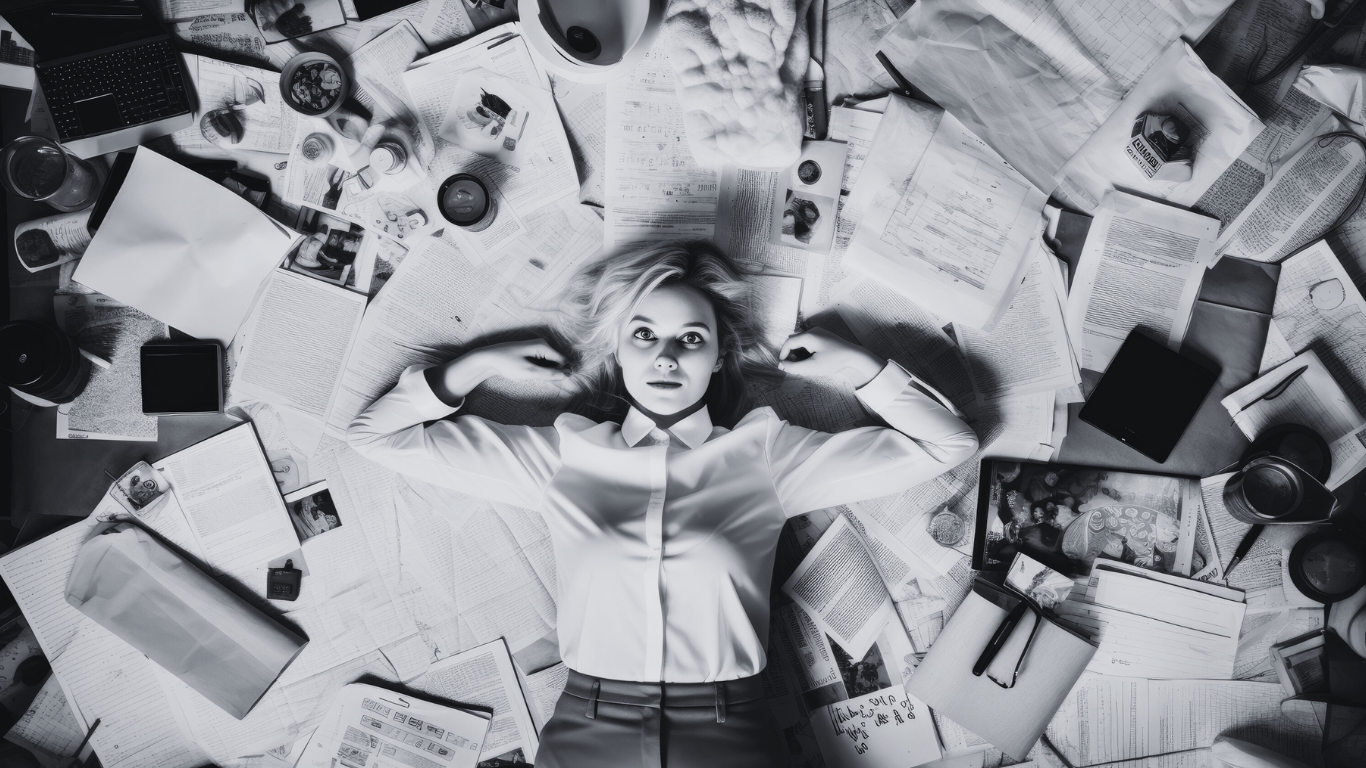 A woman lying on the floor surrounded by scattered papers, books, and electronic devices, looking up at the camera.