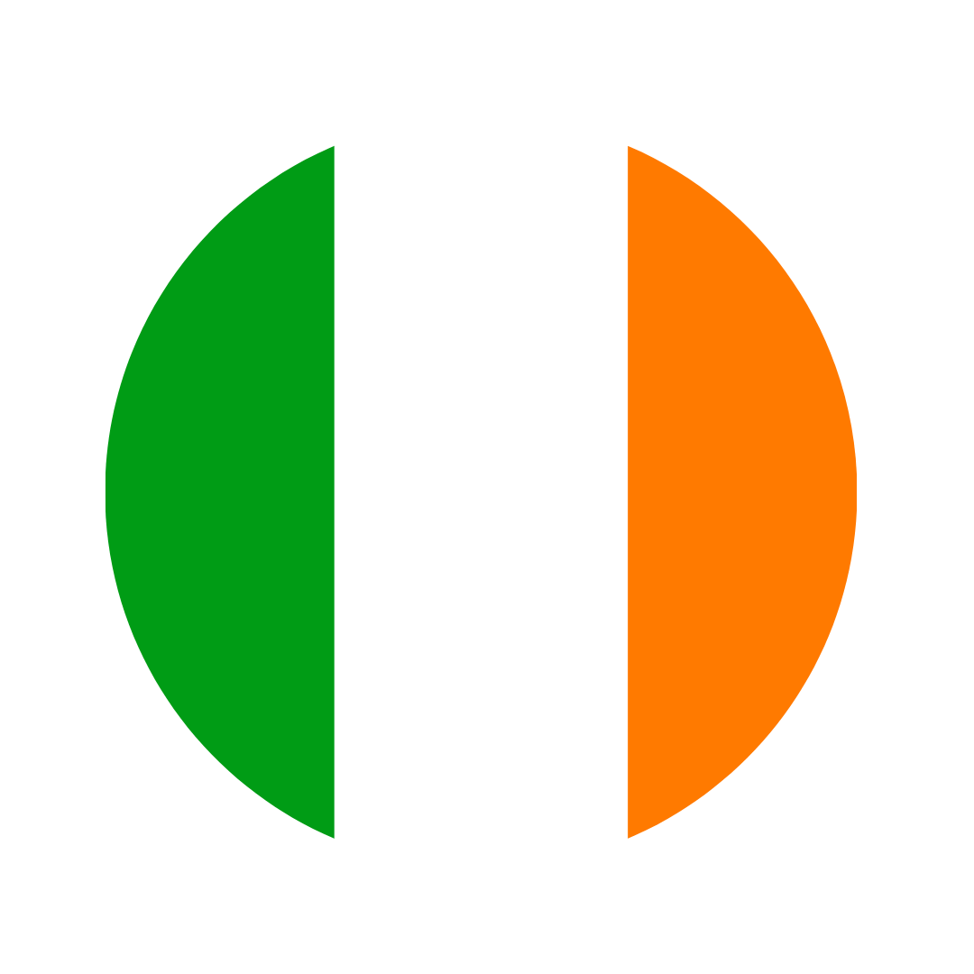 Circle with green, white, and orange vertical stripes, resembling the Irish flag.