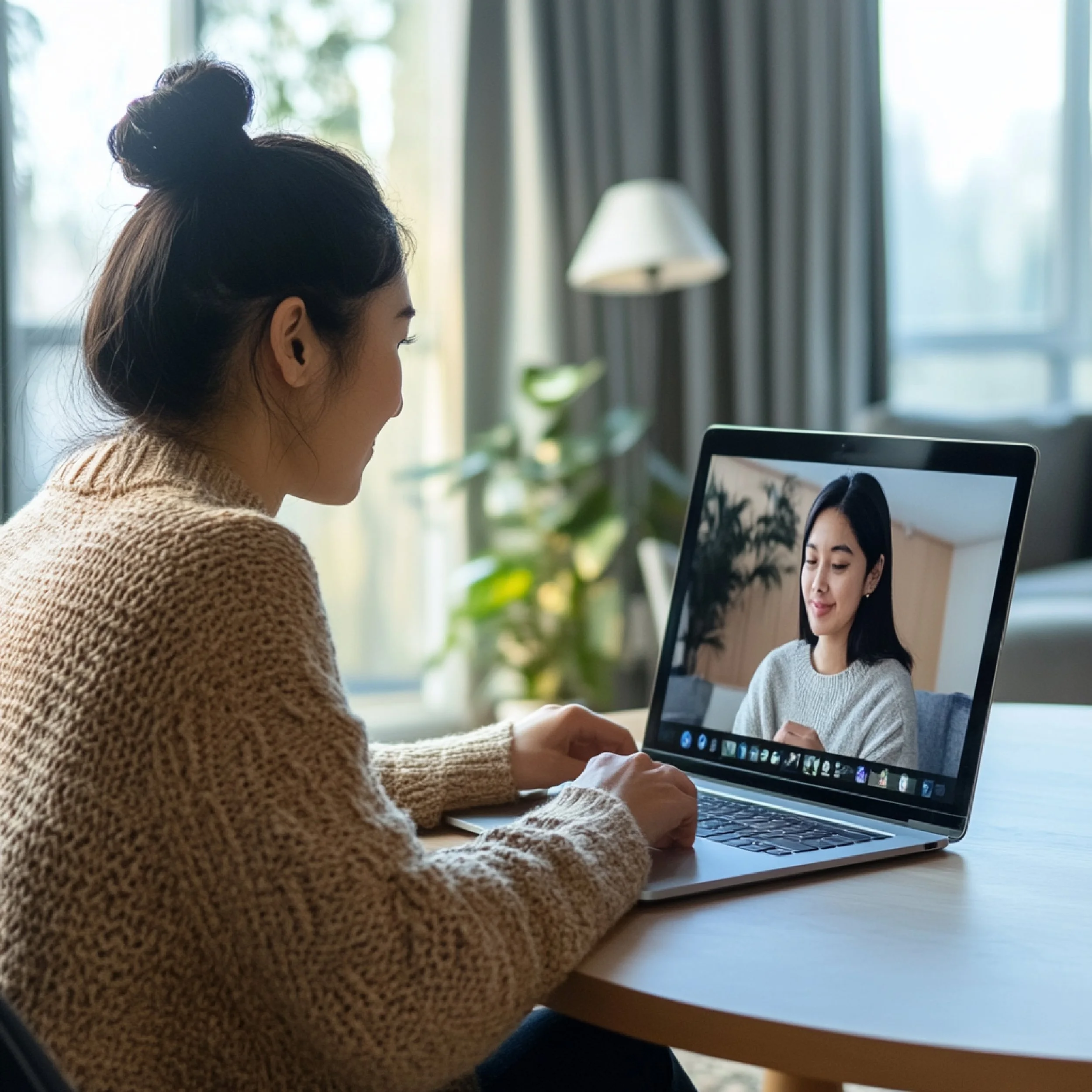A woman with dark hair in a bun sitting at a wooden table, smiling during a video call on her laptop with another woman who is also smiling, inside a bright room with large windows, curtains, a lamp, and plants.