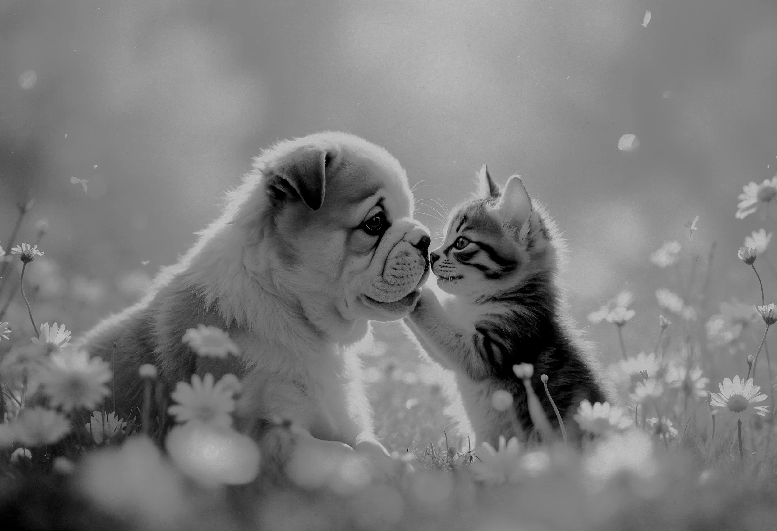 Black and white photo of a puppy and a kitten touching noses in a field of daisies.