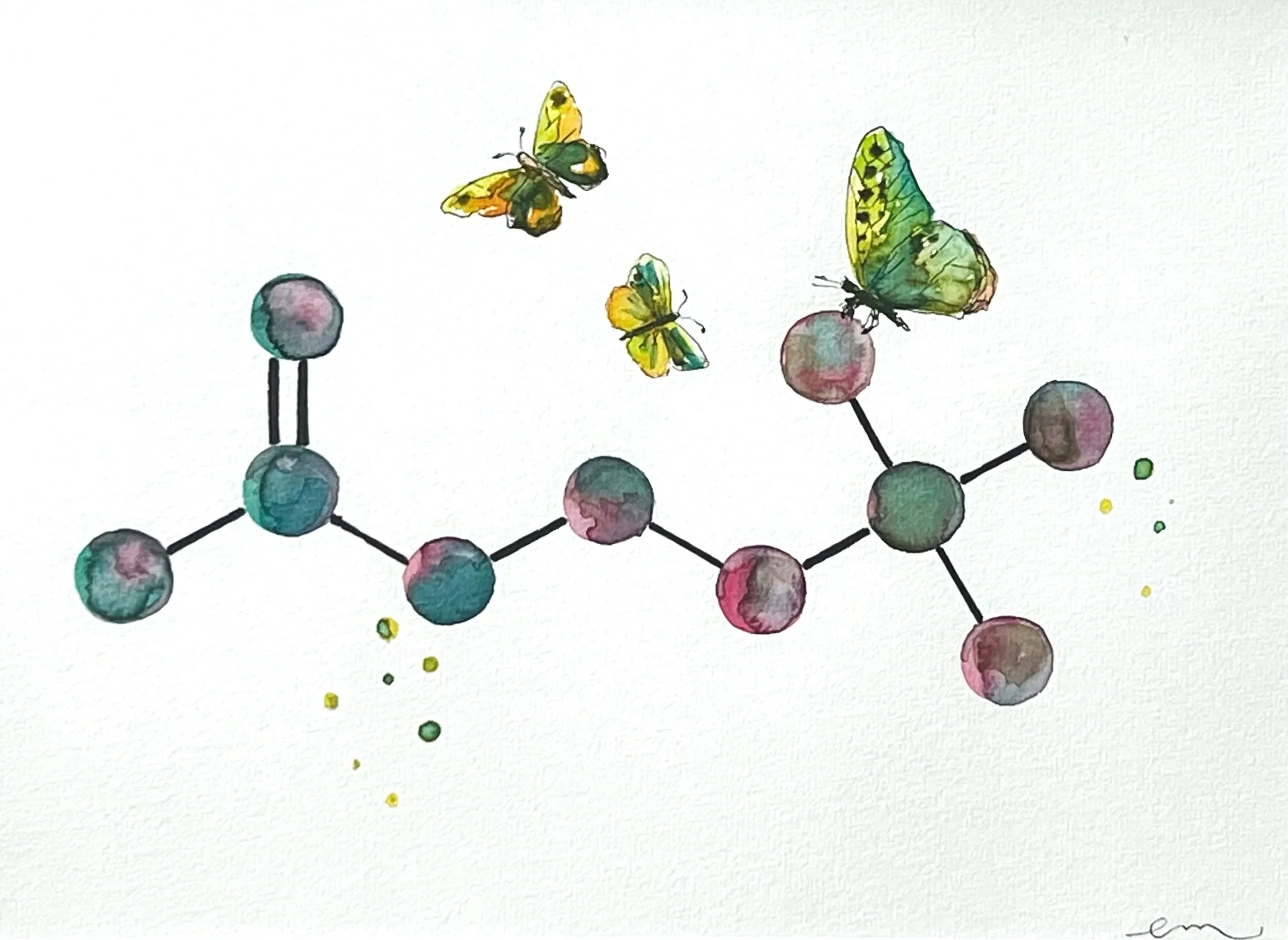 Acetylcholine. A4 Watercolour and Ink on 300gsm archival paper. DKK 800,- (Framed DKK 1200,-)