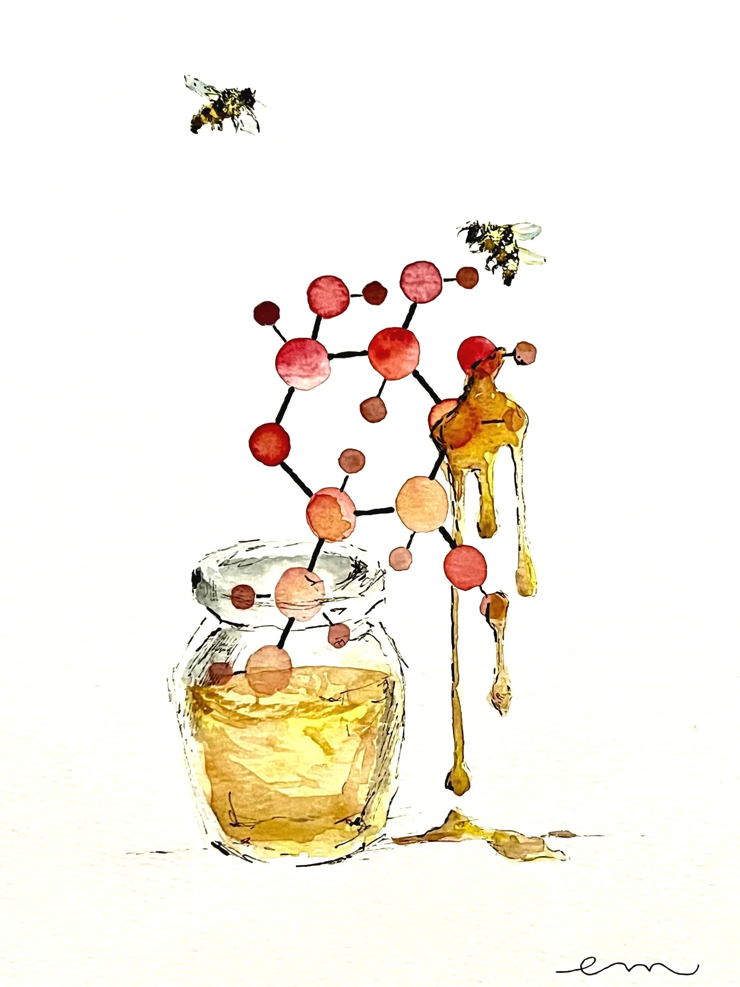 Glucose. A4 Watercolour and Ink on 300gsm archival paper. DKK 800,- (Framed DKK 1200,-)