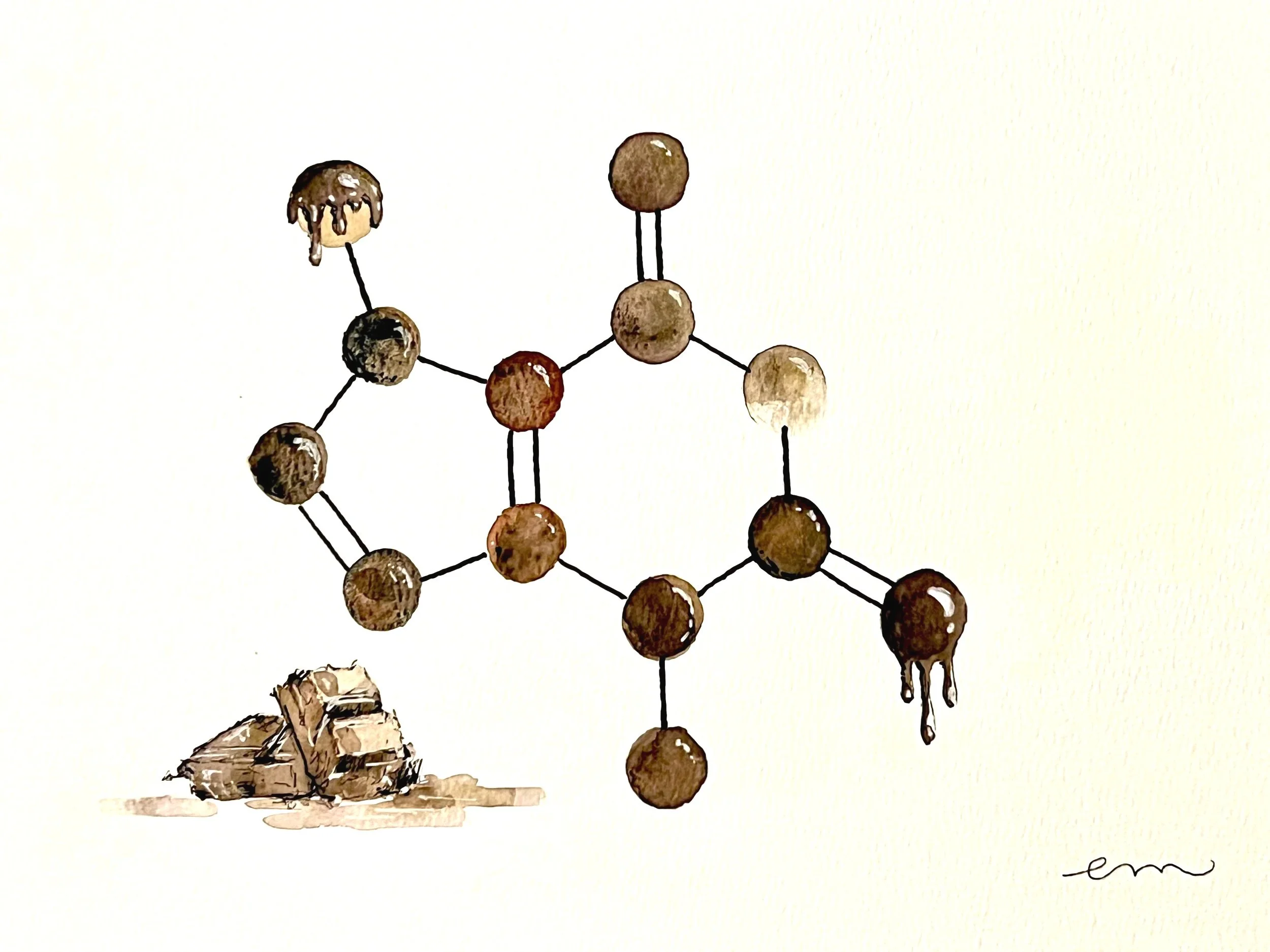 Theobromine. A4 Watercolour and Ink on 300gsm archival paper. DKK 800,- (Framed DKK 1200,-)