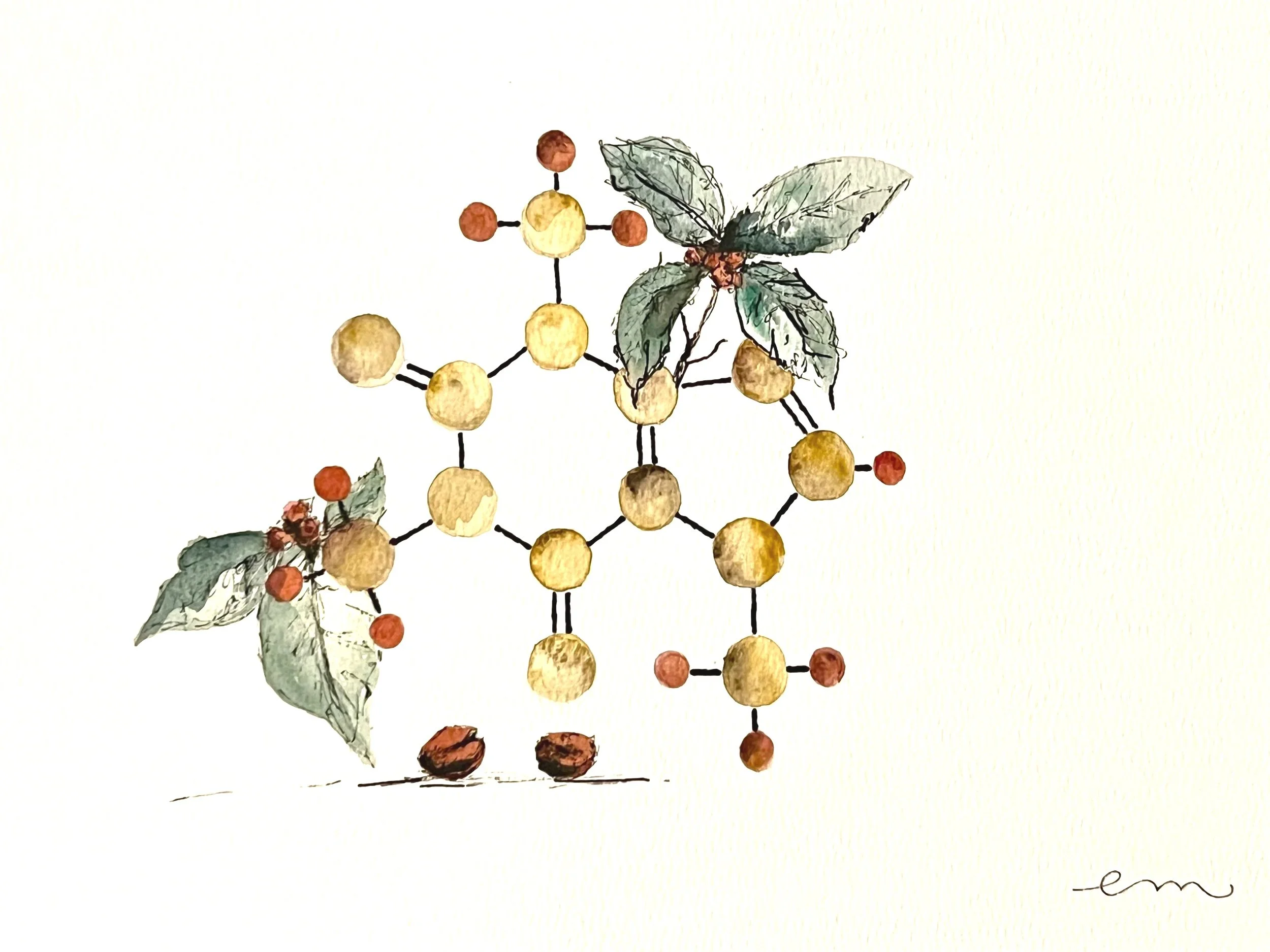 Caffeine. A4 Watercolour and Ink on 300gsm archival paper. DKK 800,- (Framed DKK 1200,-)