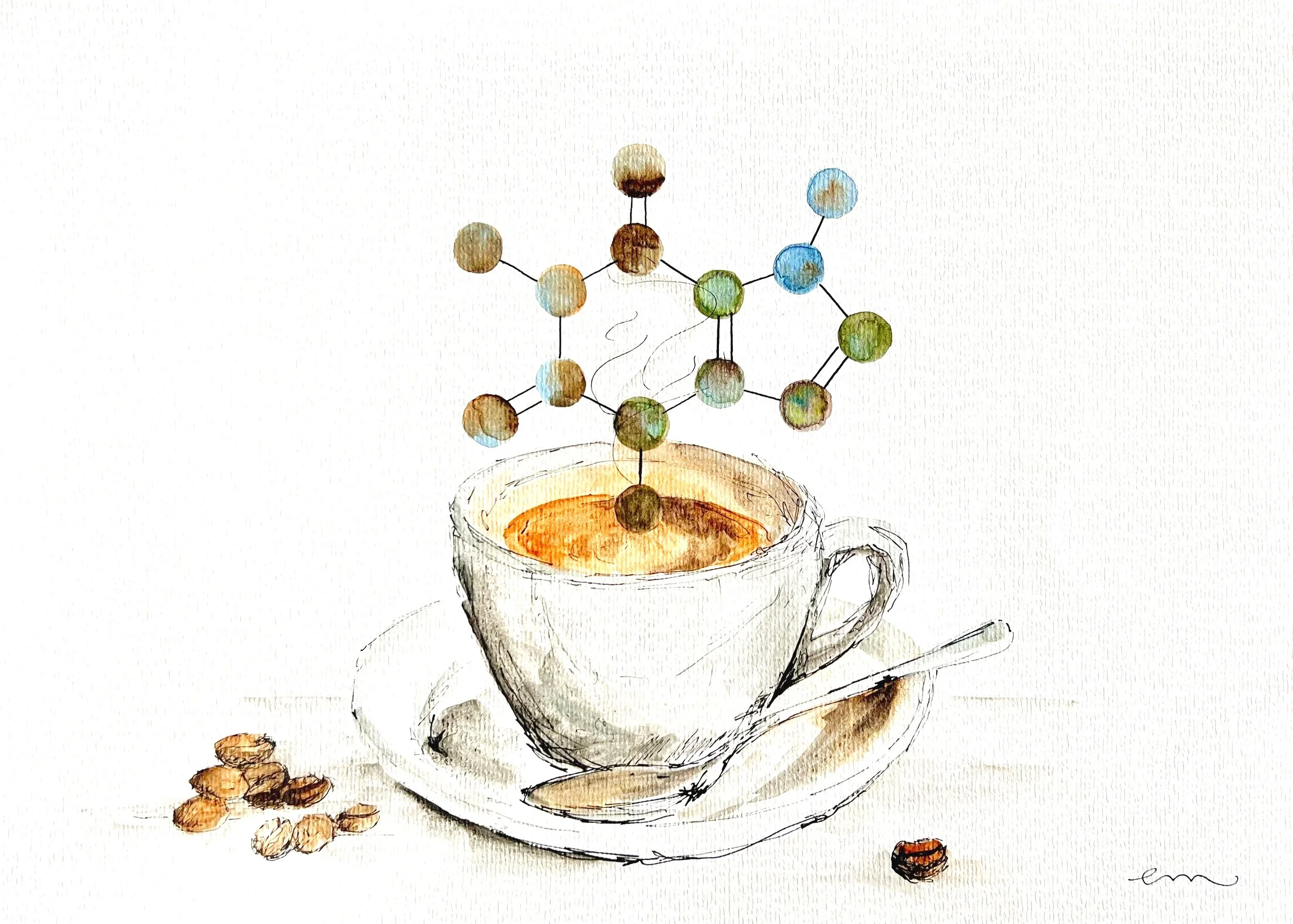 Caffeine. A3 Watercolour and Ink on 300gsm archival paper. DKK 1400,- (Framed DKK 1900,-)