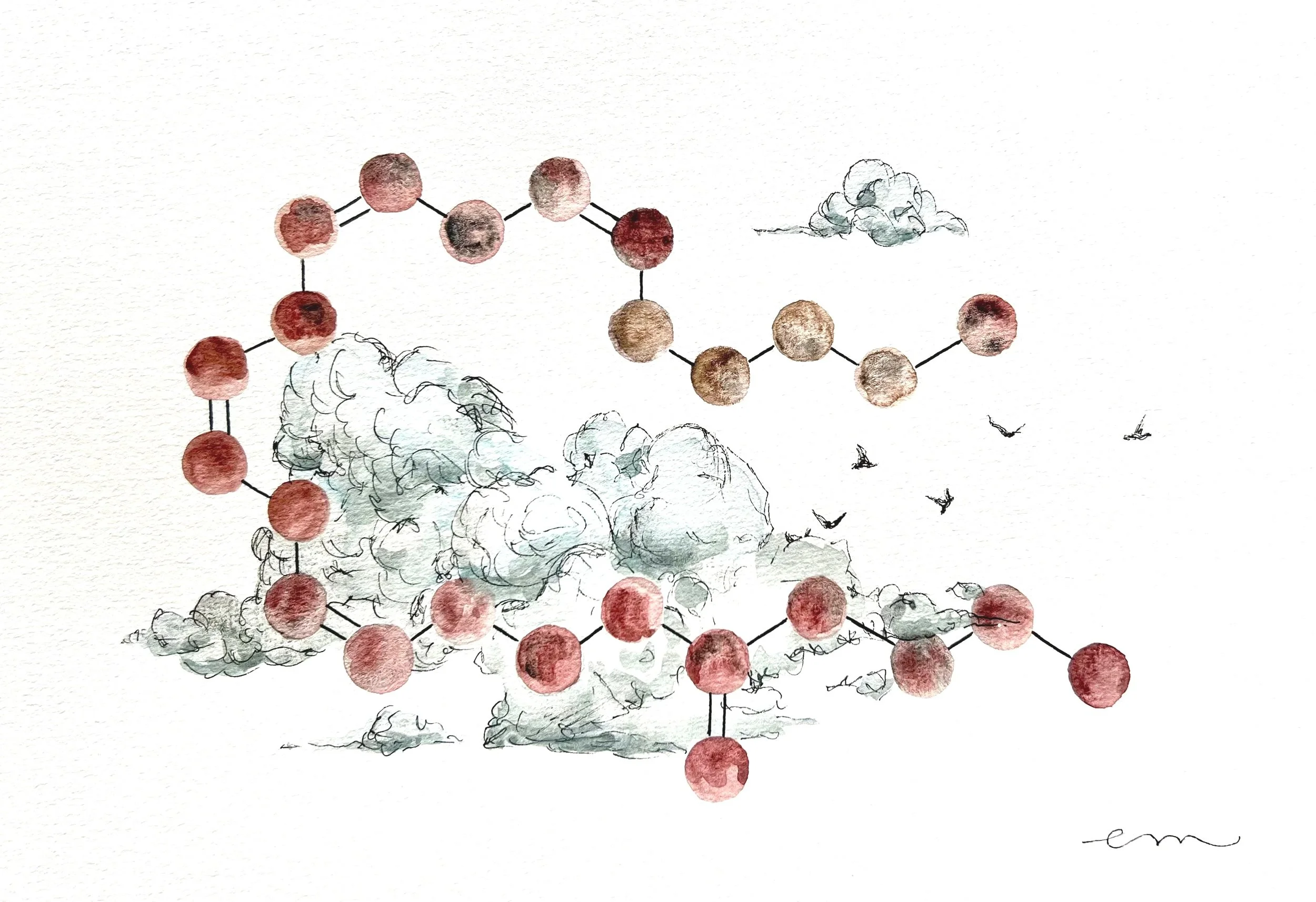Anandamide. A4 Watercolour and Ink on 300gsm archival paper. DKK 800,- (Framed DKK 1200,-)