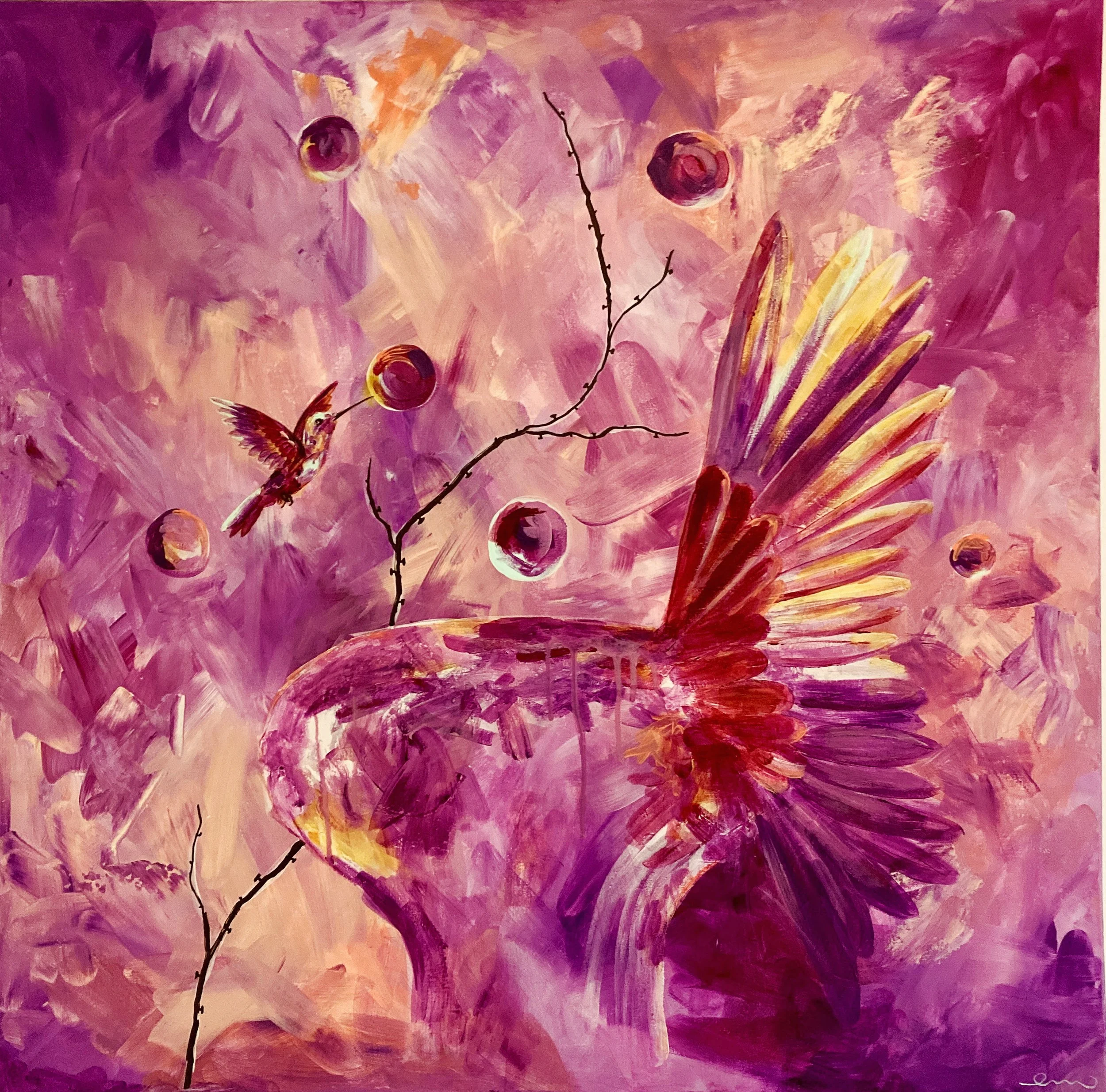 Abstract painting with warm pink, purple, orange, and yellow brushstrokes. A hummingbird is depicted near a branch, reaching for a round, purple flower. The background is a mix of textured pinks and purples.