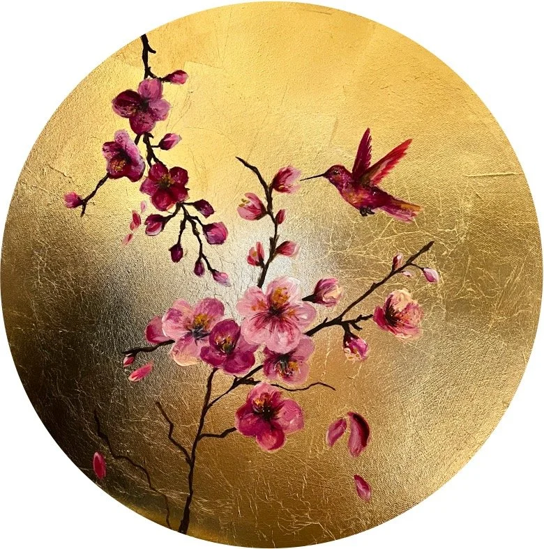 50 cm. diameter, Oil and acrylic on canvas with gold foil background. DKK 3900,-