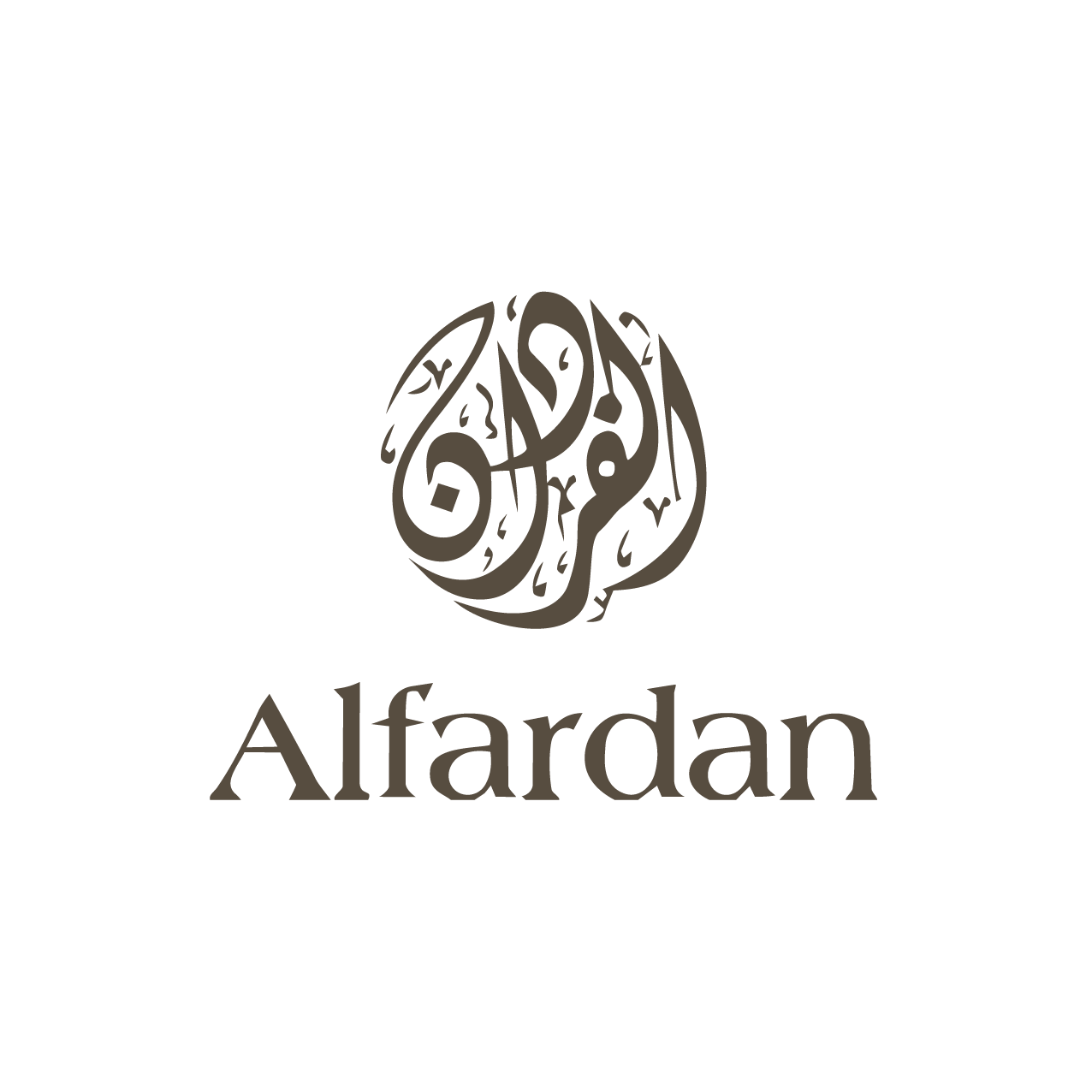 A black logo with an ornate, circular Arabic calligraphy design and the word "Alfardan" written below in a serif font.