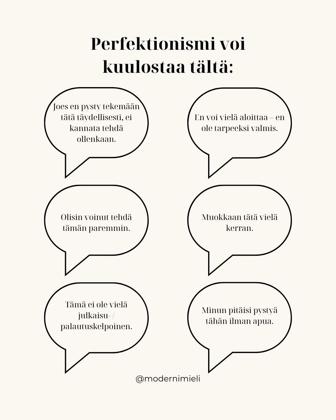 Kuulostivatko n&auml;m&auml; ajatukset tutuilta?💬

Perfektionismiin liittyy usein ankaraa sis&auml;ist&auml; puhetta, jolloin ajatukset ovat ehdottomia ja vaativia. Ne suuntautuvat muun muassa virheiden v&auml;ltt&auml;miseen, jatkuvaan itsens&auml;