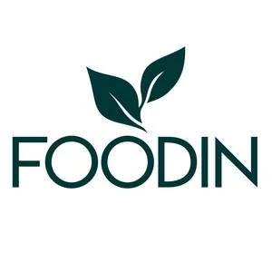 Ruudu logo, jossa kaksi vihreää lehteä ja teksti 'FOODIN'.
