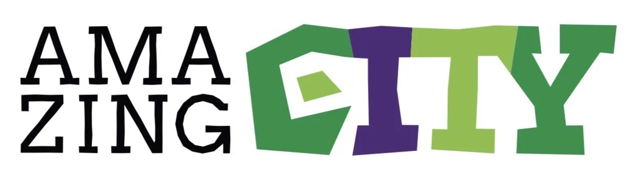 Tekstielementit, jossa lukee 'AMAZING ZINC' -sanoja ja isompi hajautettu teksti 'GIFT' monivärisenä vertikaalisesti.