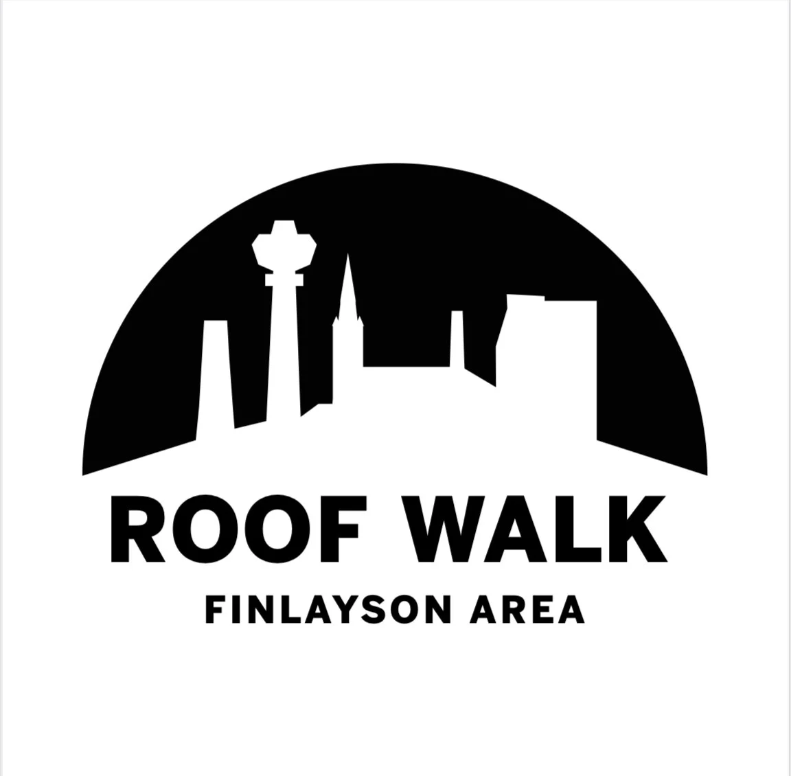 Mustavalkoinen logo, jossa cimailevat rakennukset ja tornit, sekä teksti "ROOF WALK FINLAYSON AREA".