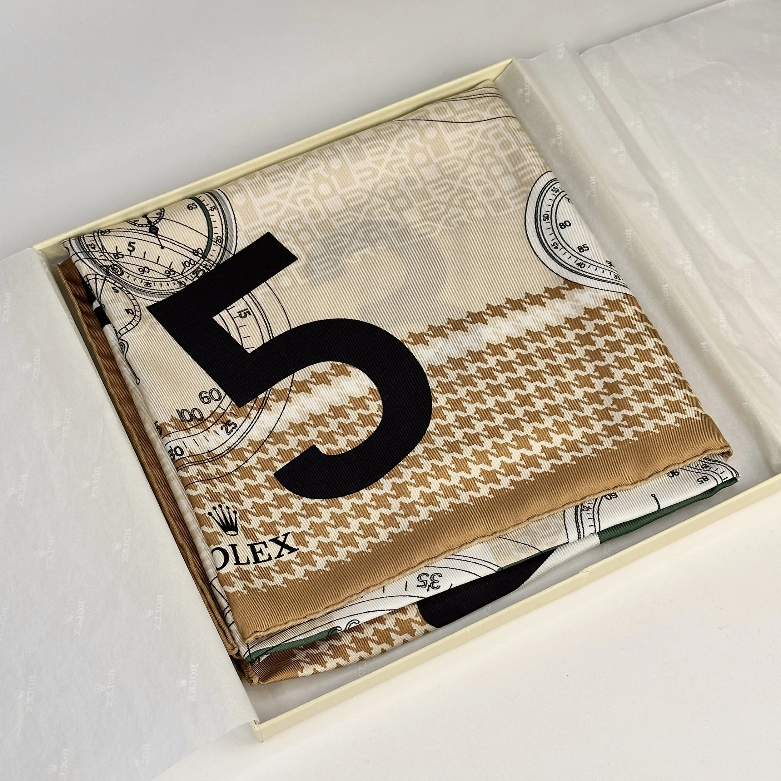 Rolex Vintage Gold Houndstooth Pattern Silk Scarf