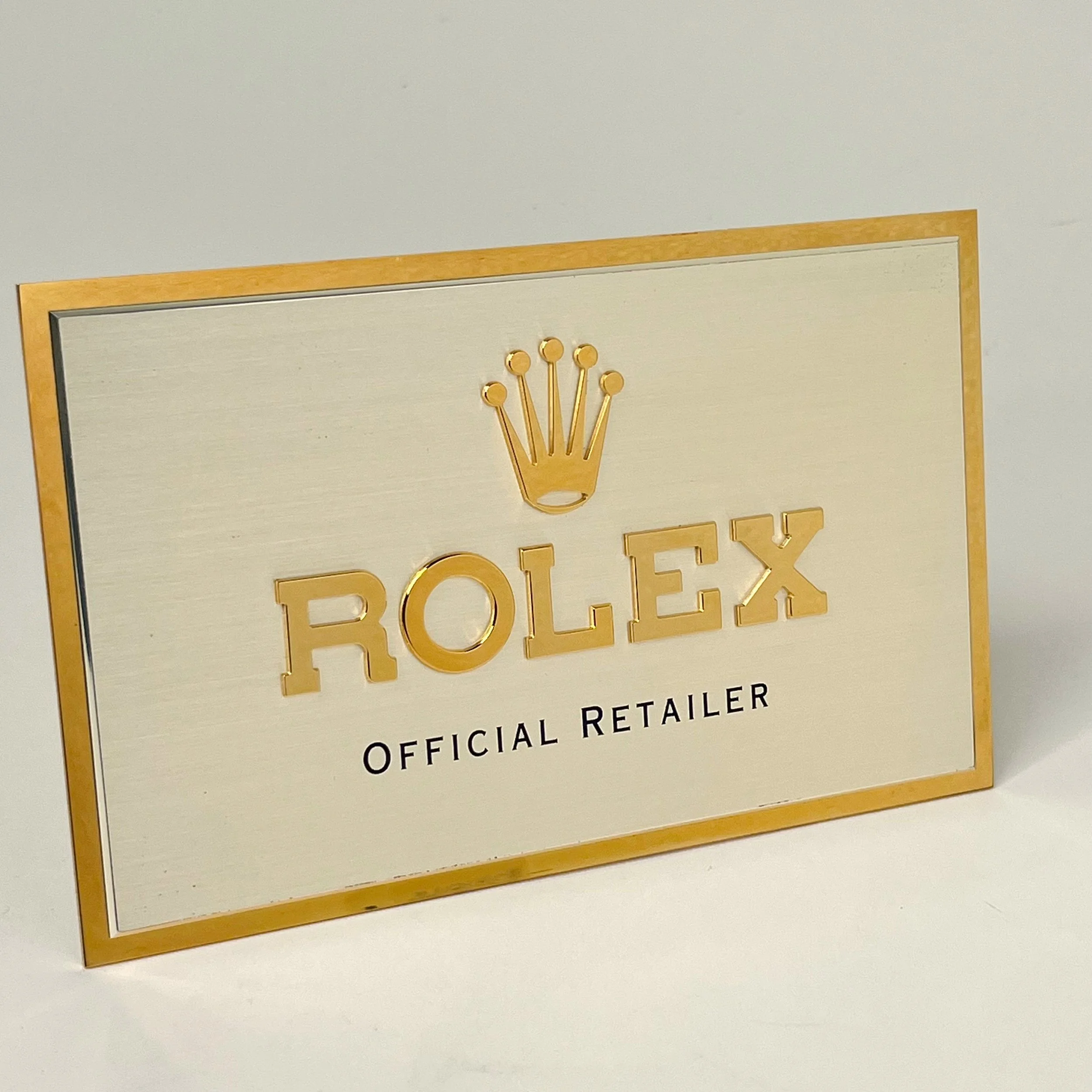 Rolex Crown Brushed Silver Metal Polished Gold Accents Display Plaque Large