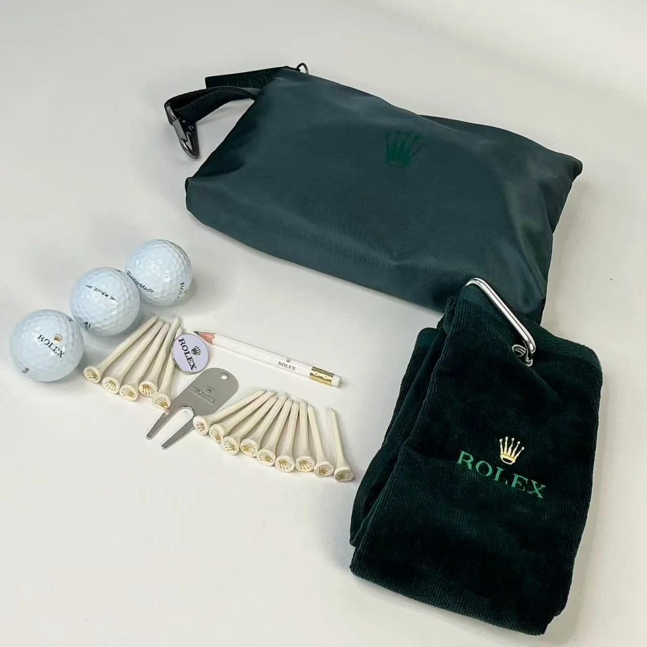 Rolex Golf Accessory Set – Tee Kit, Towel, Marker, Divot Tool & Pouch