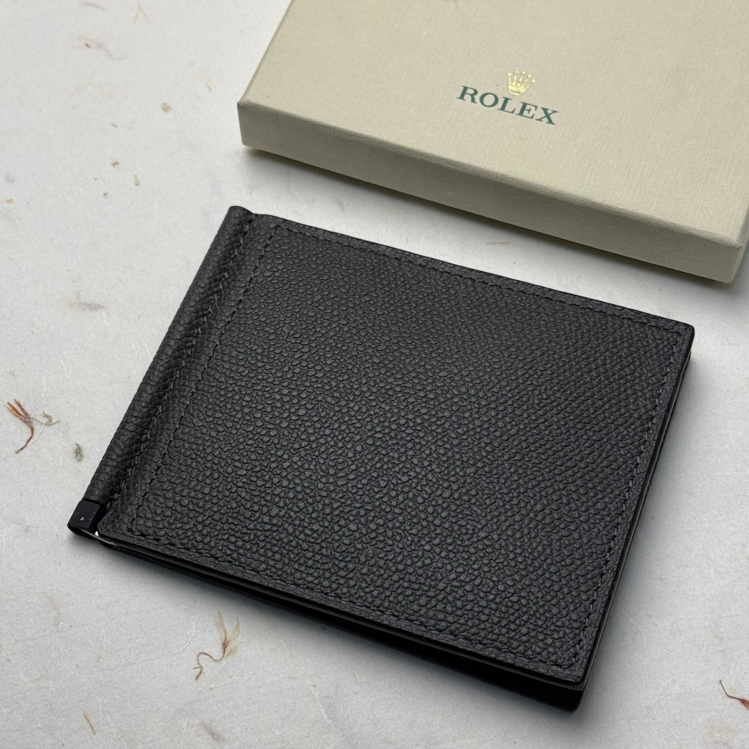 Rolex Grained Bifold Grey Leather Wallet