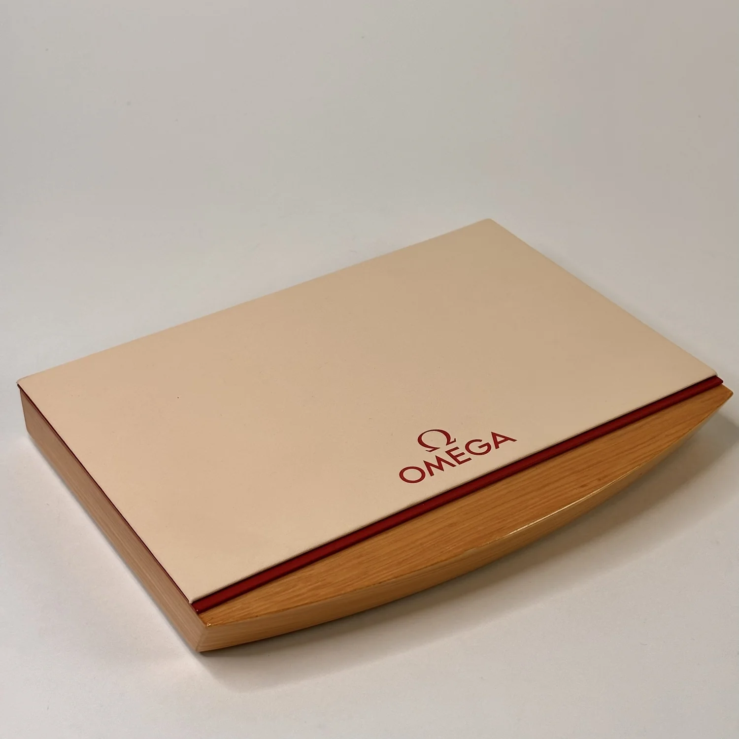 OMEGA Wooden Display Tray – Beige Leatherette Top with Red Logo