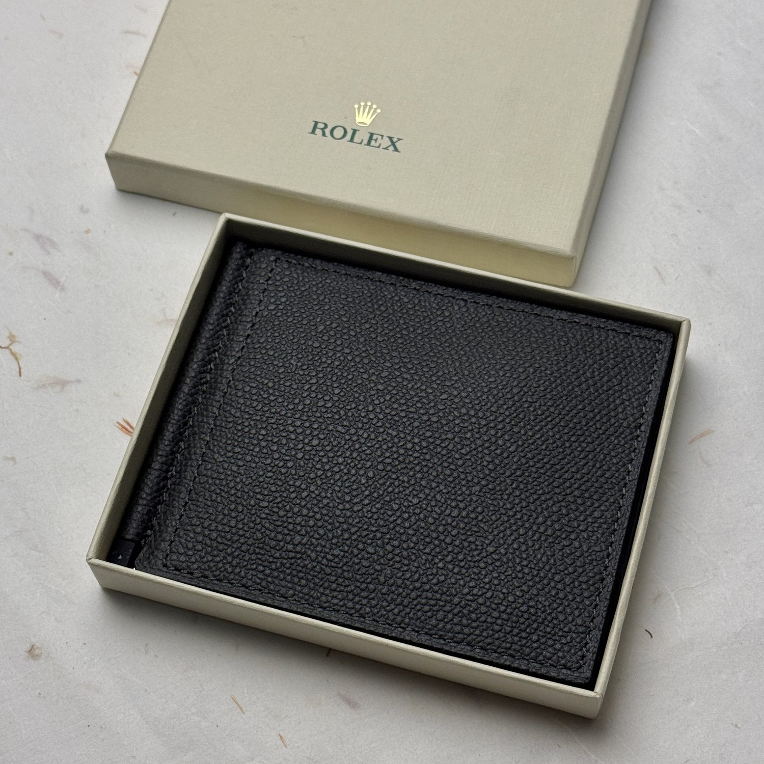 Rolex Grained Bifold Grey Leather Wallet