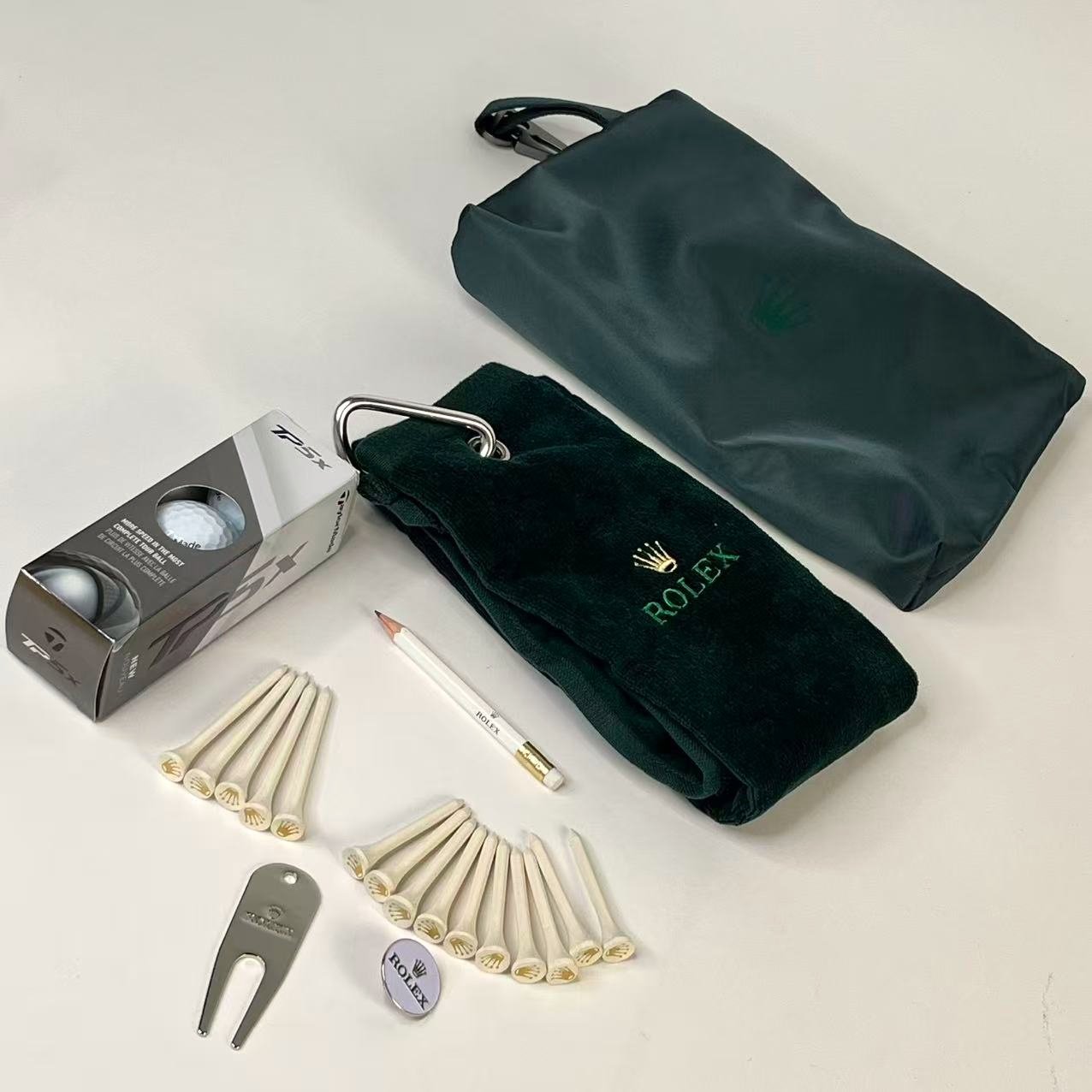 Rolex Golf Accessory Set – Tee Kit, Towel, Marker, Divot Tool & Pouch