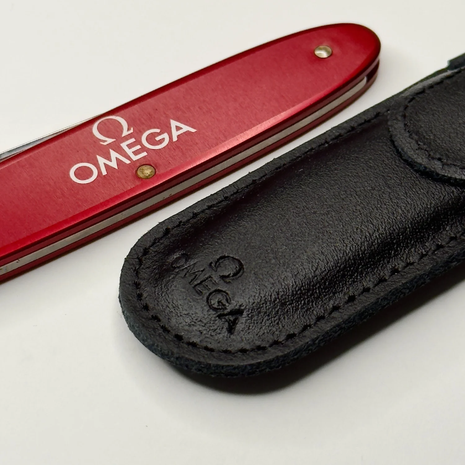OMEGA Red Swiss Pocket Knife with Dual Blades & Leather Case 