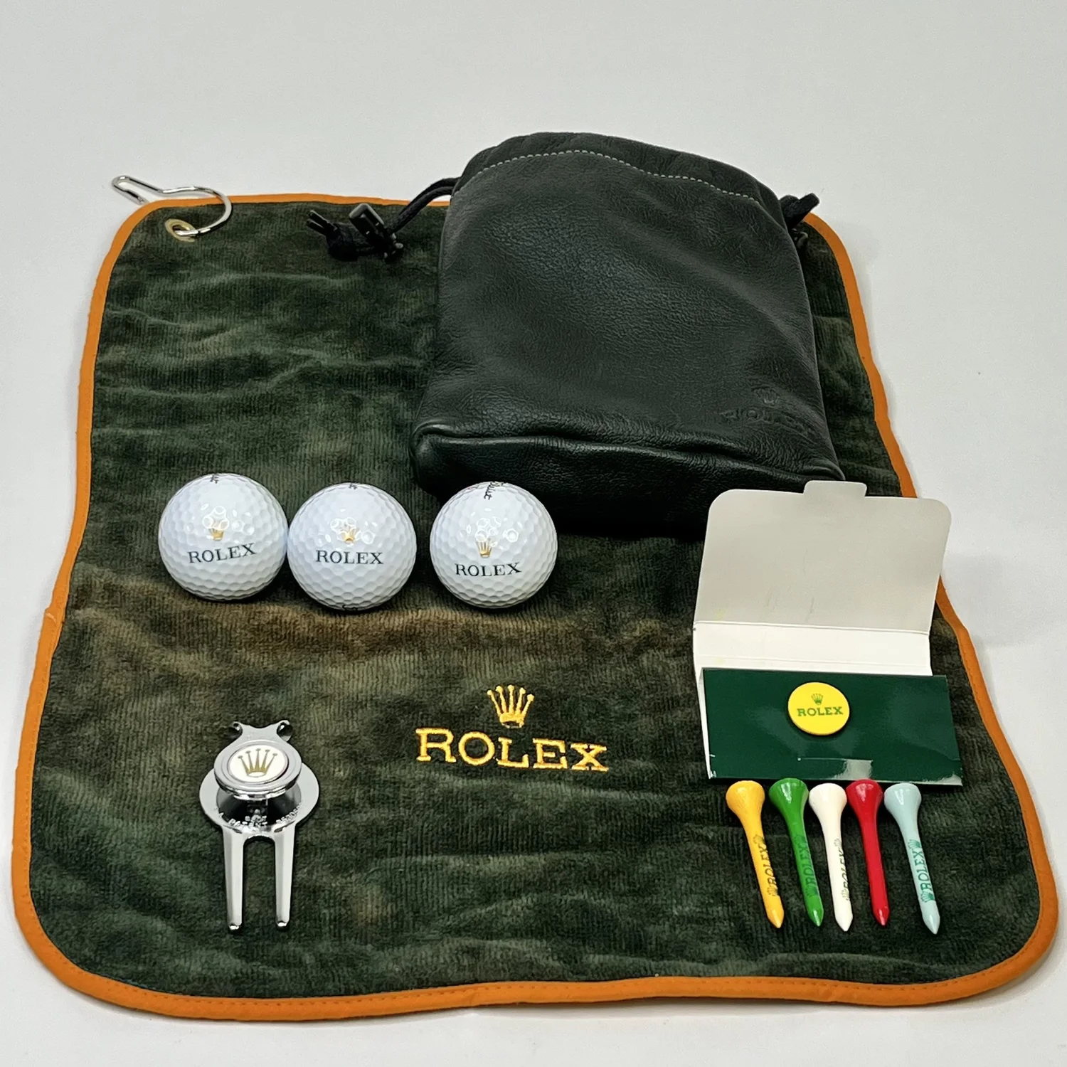 Rolex Golf Set – VIP Logo Balls, Divot Tool, Towel & Leather Pouch 