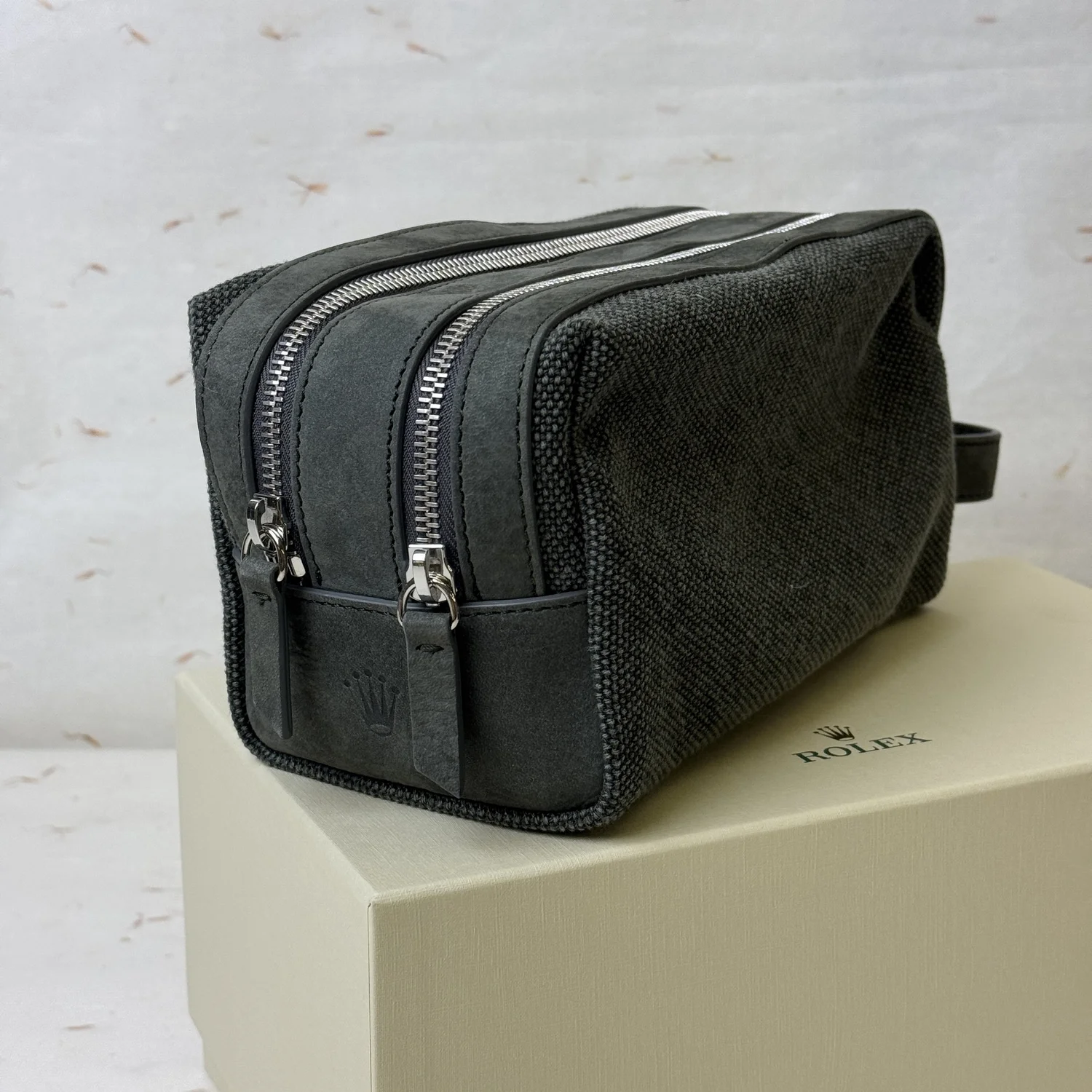 Rolex Green Leather & Woven Cotton Washbag | Dual-Zip Swiss Luxury