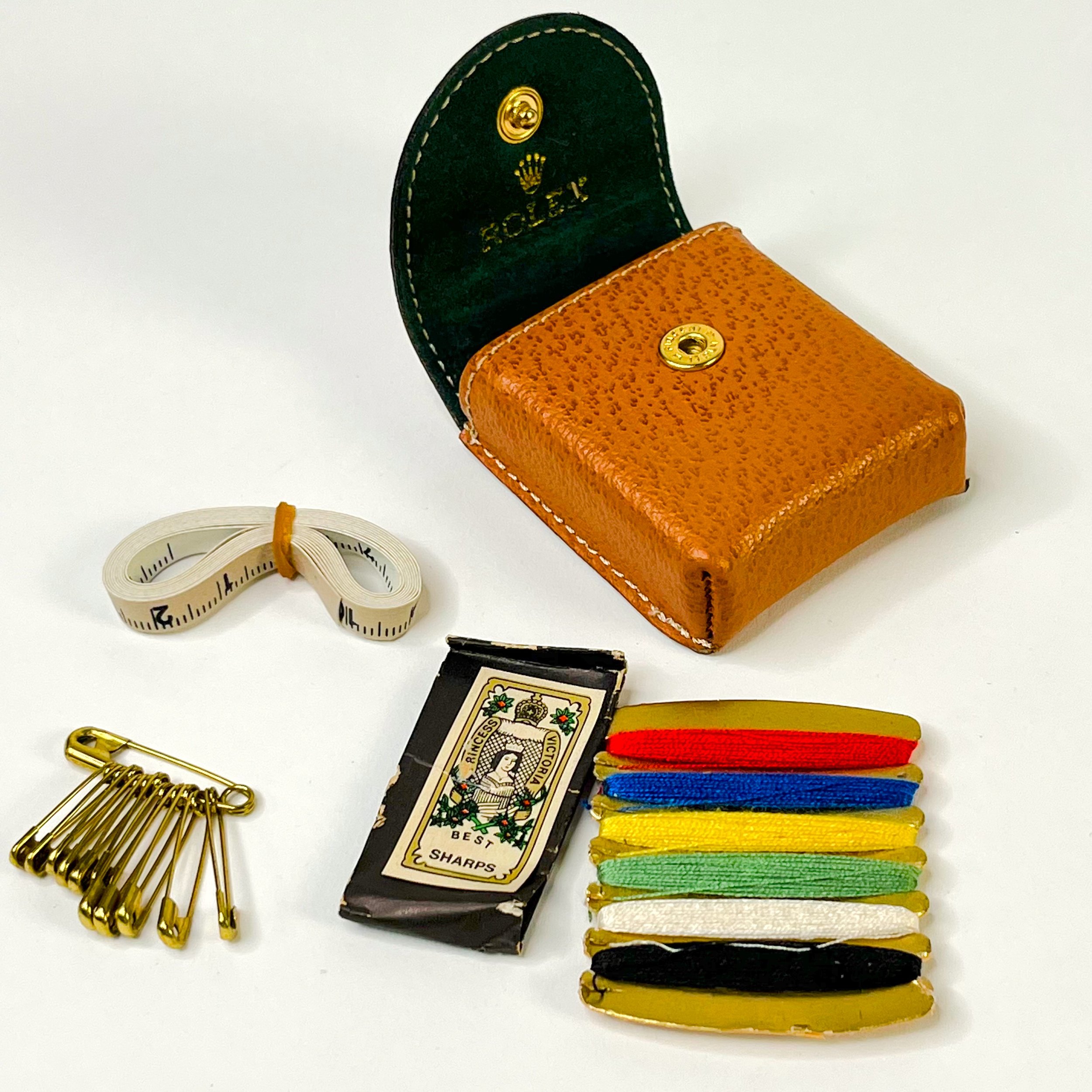 Rolex Cognac Brown Grained Leather Sewing Kit Complete Set 1970s