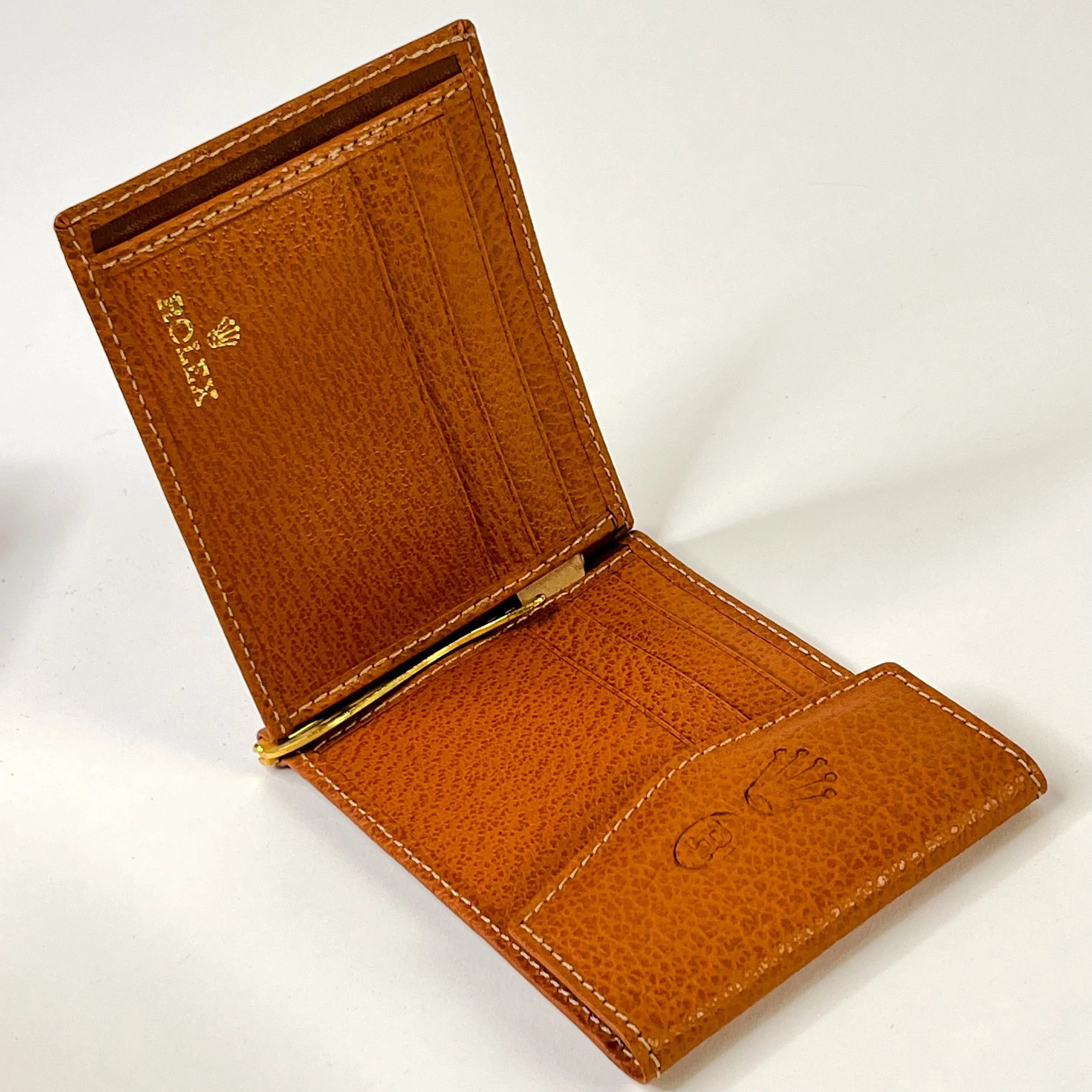 Rolex Cognac Brown Hue Pebbled Leather Bi-Fold Wallet 1980s