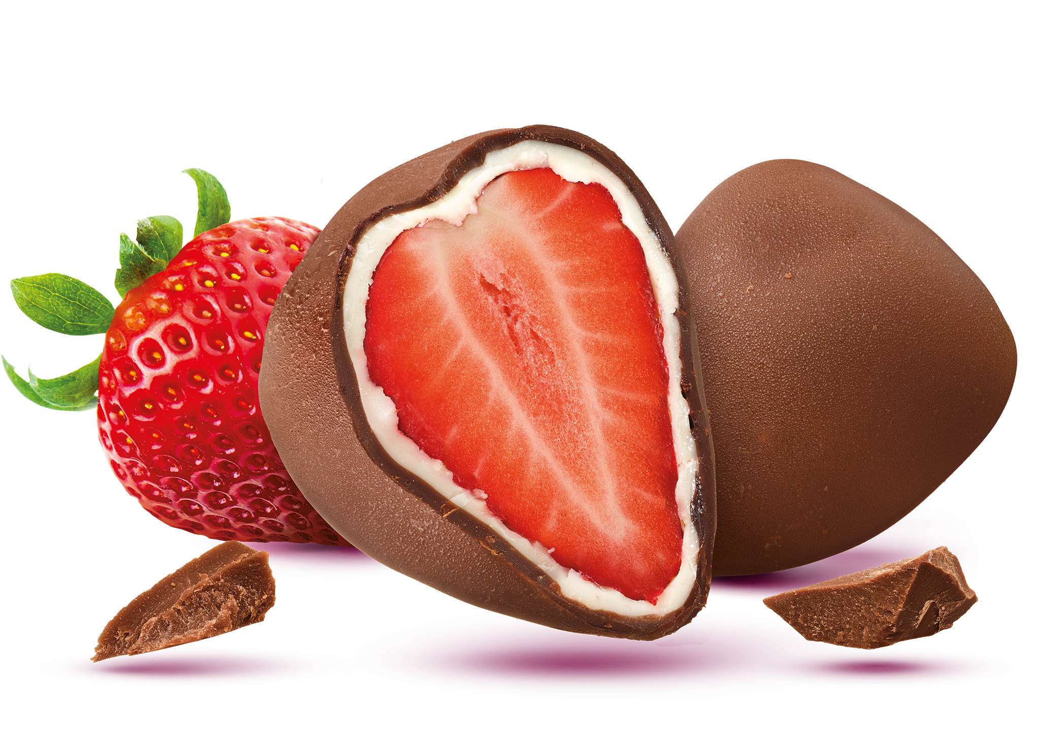 Close-up of a strawberry dipped in chocolate with some broken pieces of chocolate nearby.