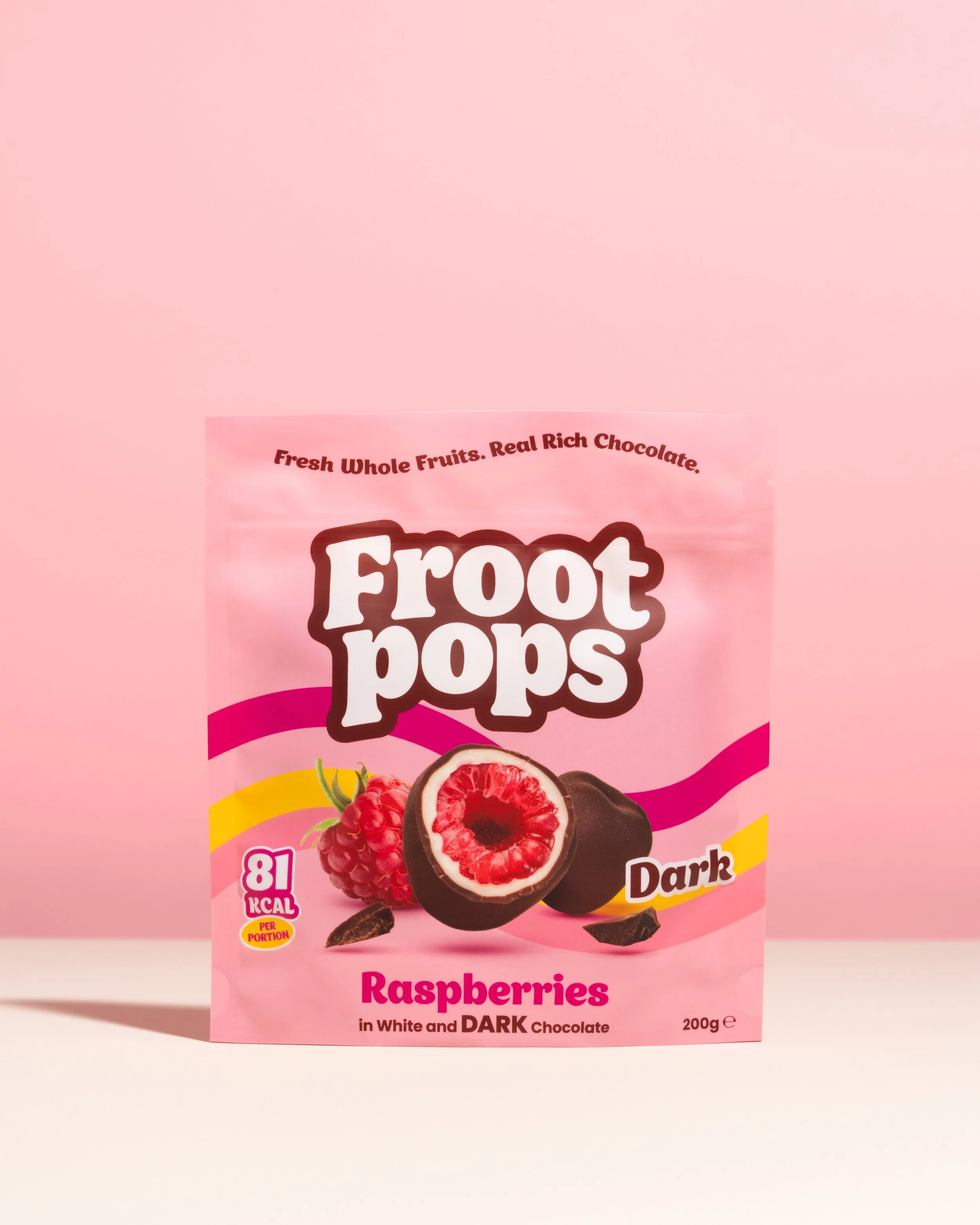 Packaging of Froot Mints featuring raspberries and dark chocolate on a pink background.