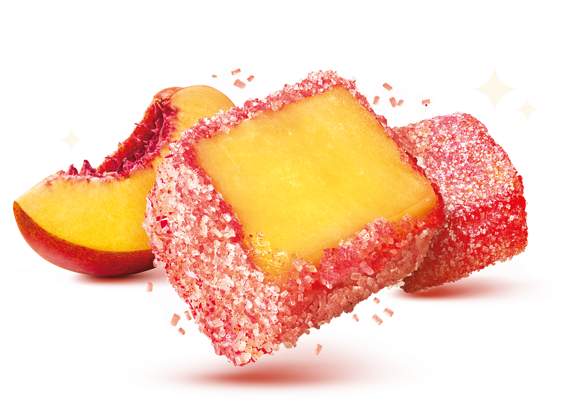 Froot Pops fizzy peach cut open showing the sour raspberry coating
