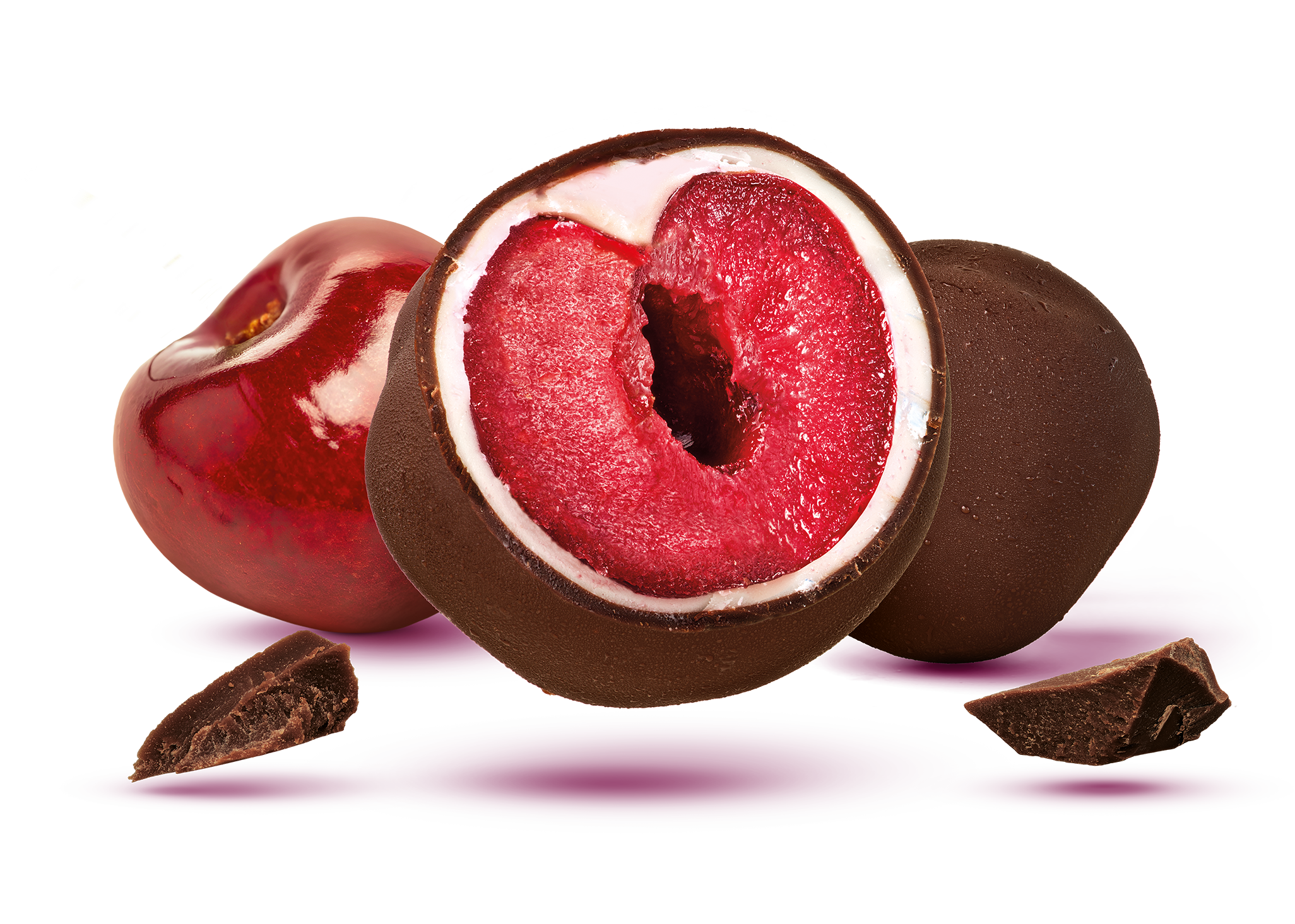 Froot Pops cherry cut open showing the dark chocolate and white chocolate layers