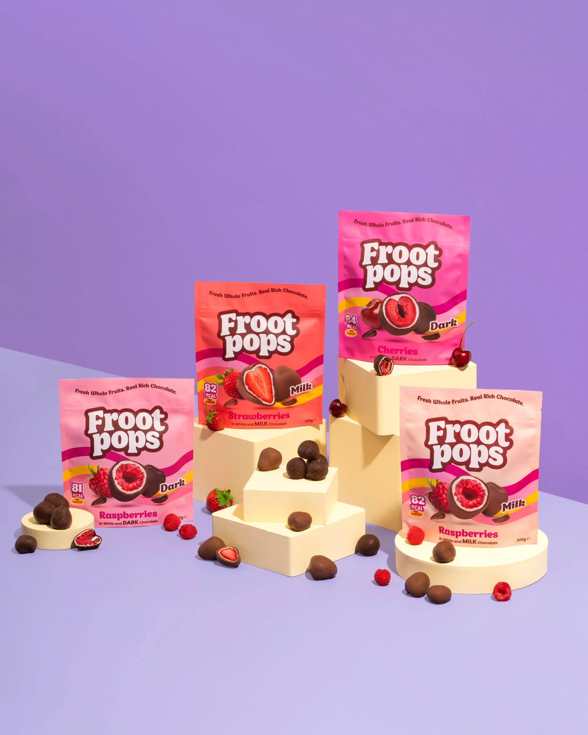 Froot Pops chocolate covered fruit range displayed together