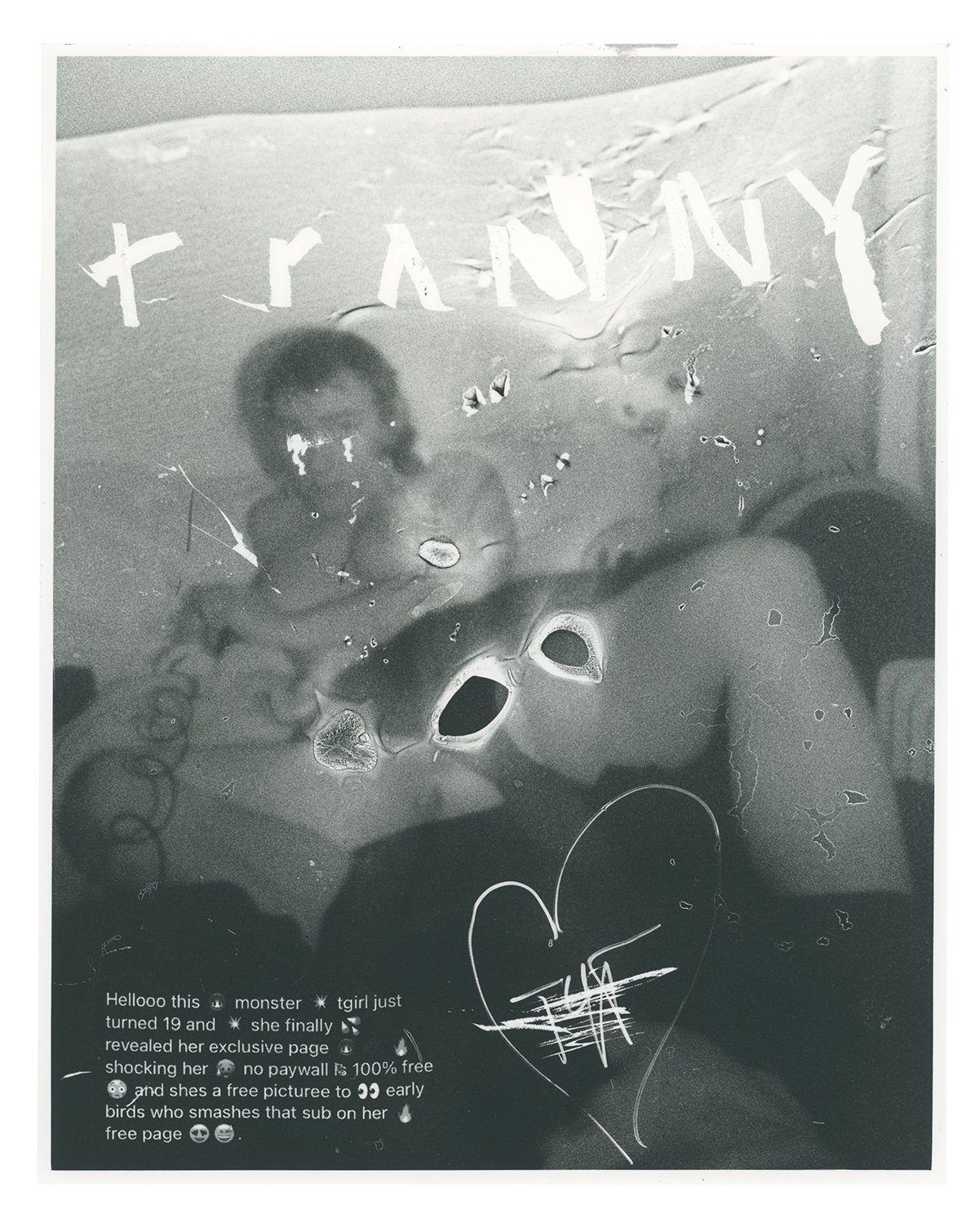 tranny #2, print auf barytpapier, 20x25cm, 2025. bearbeitet mit messer, feuerzeug & folie