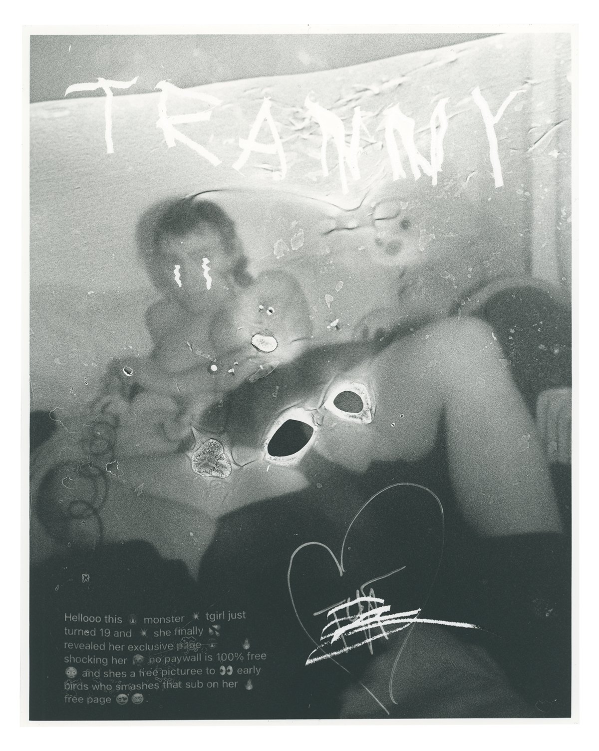 tranny #3, print auf barytpapier, 20x25cm, 2025. bearbeitet mit messer, feuerzeug & folie