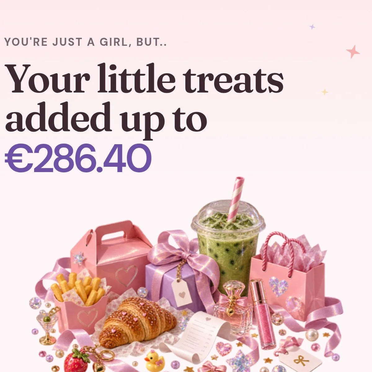 Pink gift boxes, a croissant, a strawberry, a drink with a pink striped straw, a small pink bag, perfume bottle, pink glitter lip gloss, makeup brush, and assorted pink and purple decorations, all arranged on a light pink background