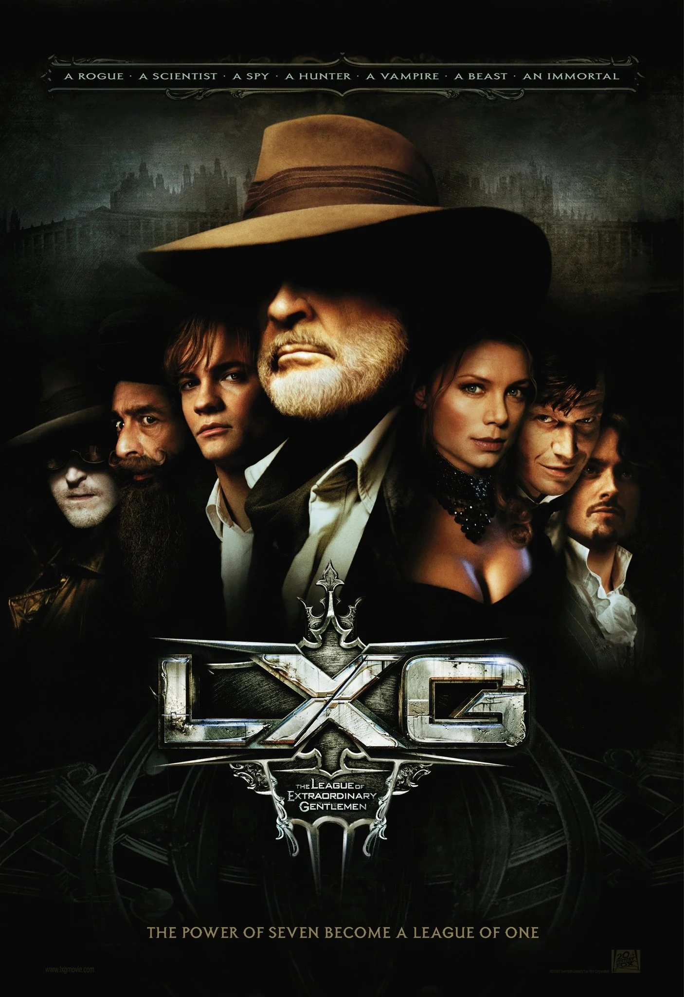 Poster for 'The League of Extraordinary Gentlemen' featuring six characters with serious expressions, some wearing hats and dark clothing, set against a dark background with a city skyline and mystical symbols.
