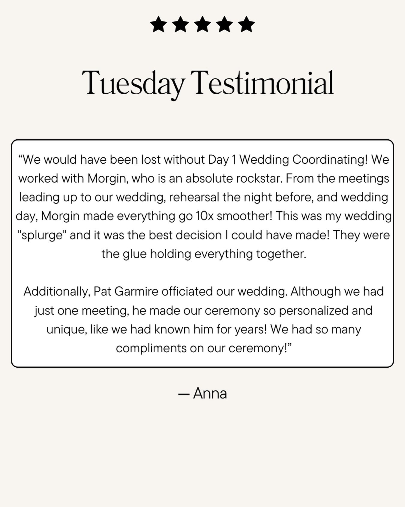 ✨ Tuesday Testimonial✨
Nothing means more to us than hearing how supported our couples felt on their wedding day. These kind words remind us why we do what we do&mdash;and we&rsquo;re so thankful for every couple who trusts us with such a meaningful 